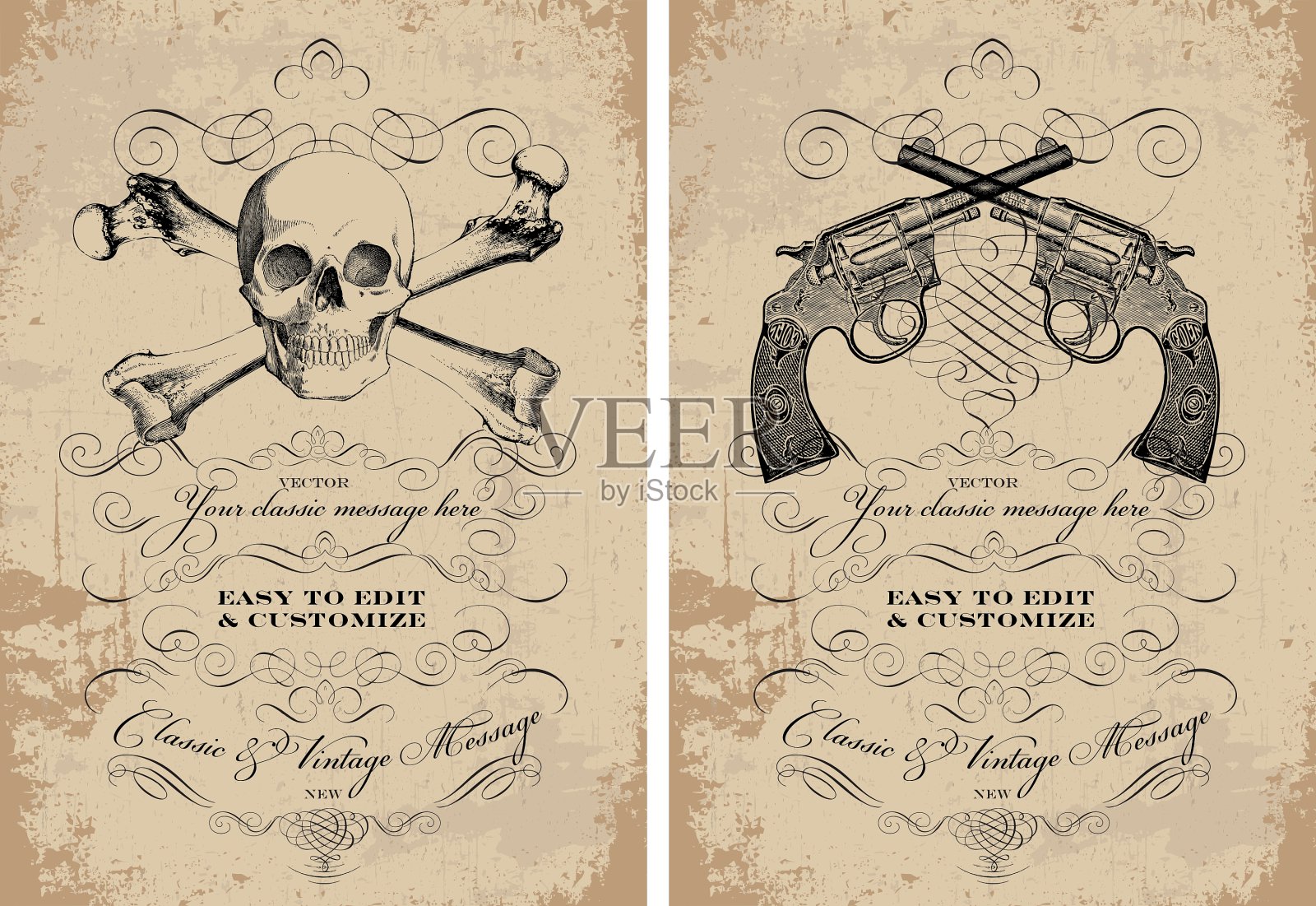 枪和头骨，古董框架插画图片素材