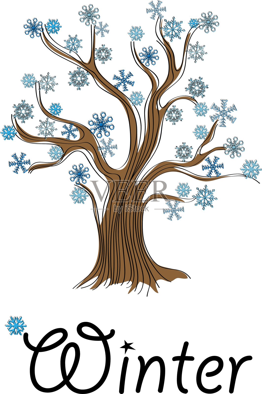 抽象的冬天树与雪花插画图片素材