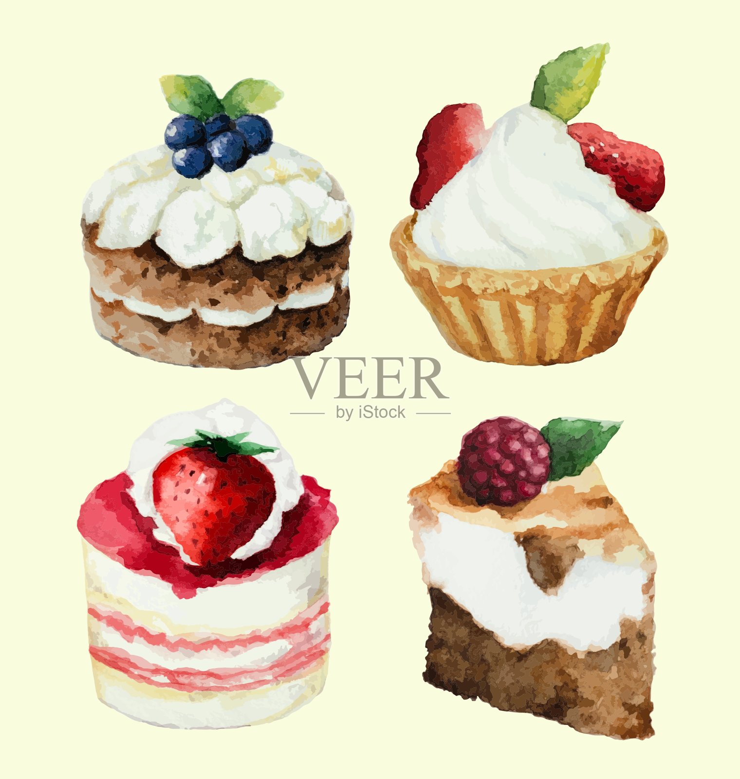 手绘水彩甜纸杯蛋糕套装设计元素图片