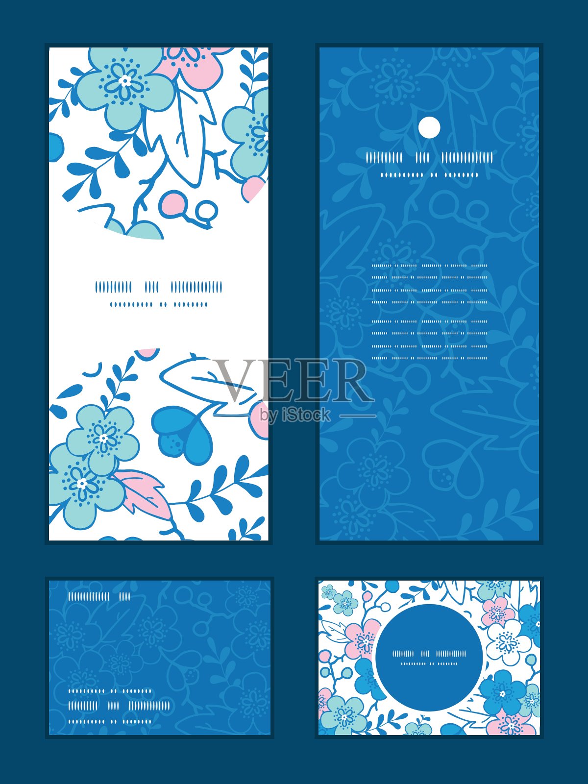 蓝色和粉红色的和服垂直开花插画图片素材