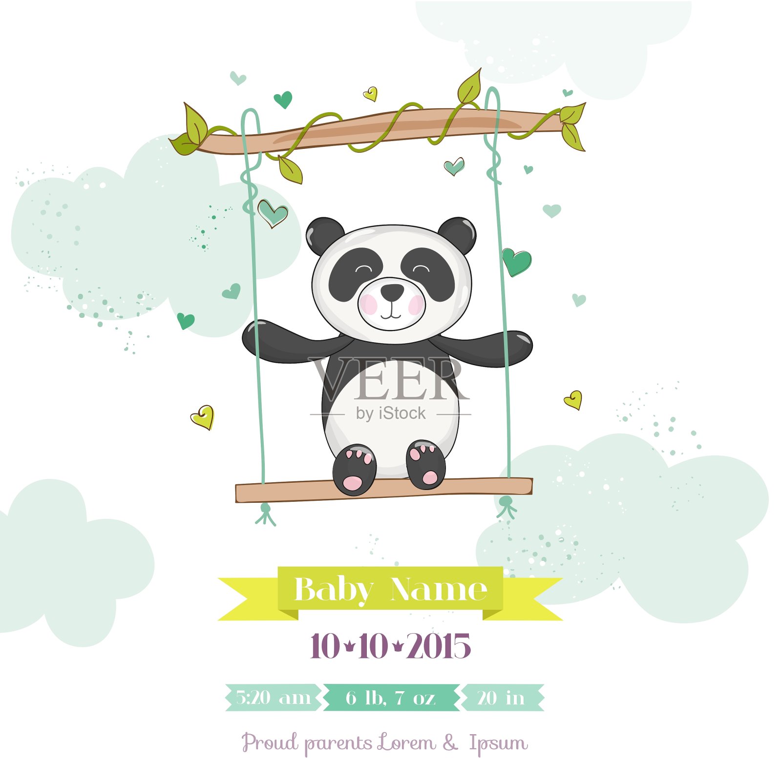 宝宝送礼会或到达卡-熊猫宝宝插画图片素材