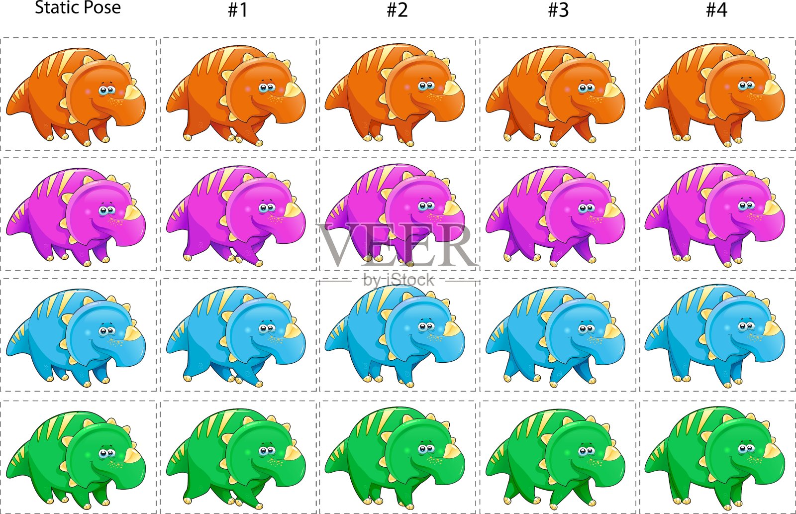 四个有趣的恐龙行走的动画插画图片素材