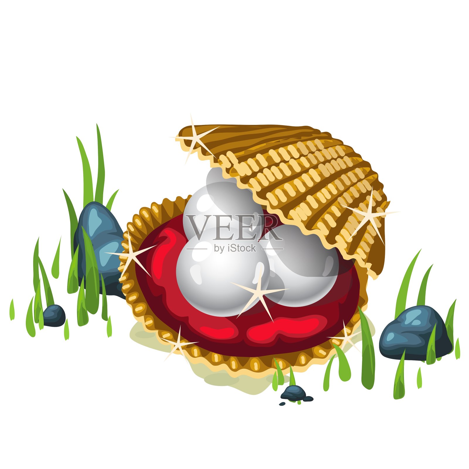 三颗珍珠装在一个金盒子里，周围草设计元素图片