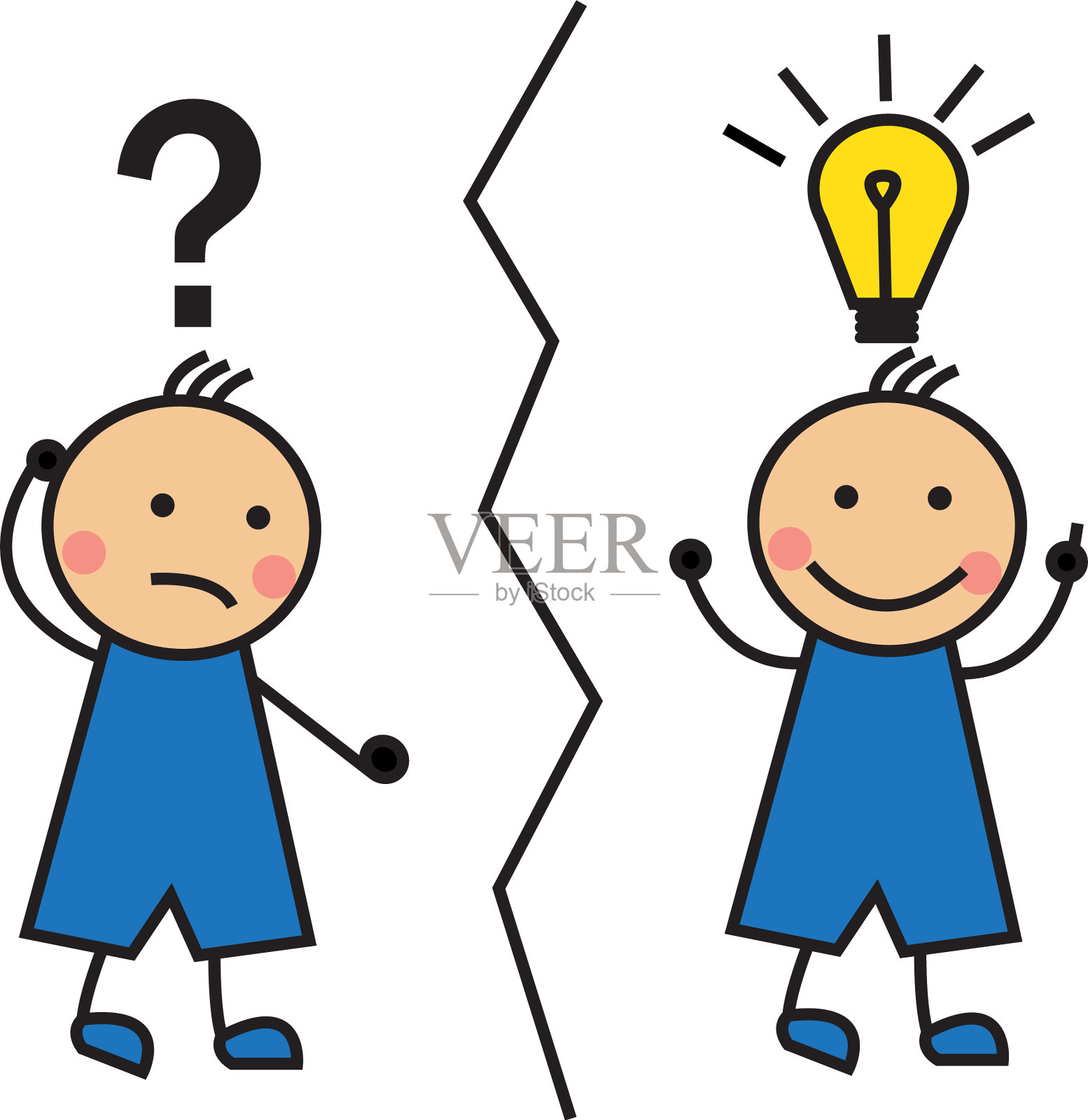 带着一个问号和一个灯泡的卡通男人插画图片素材
