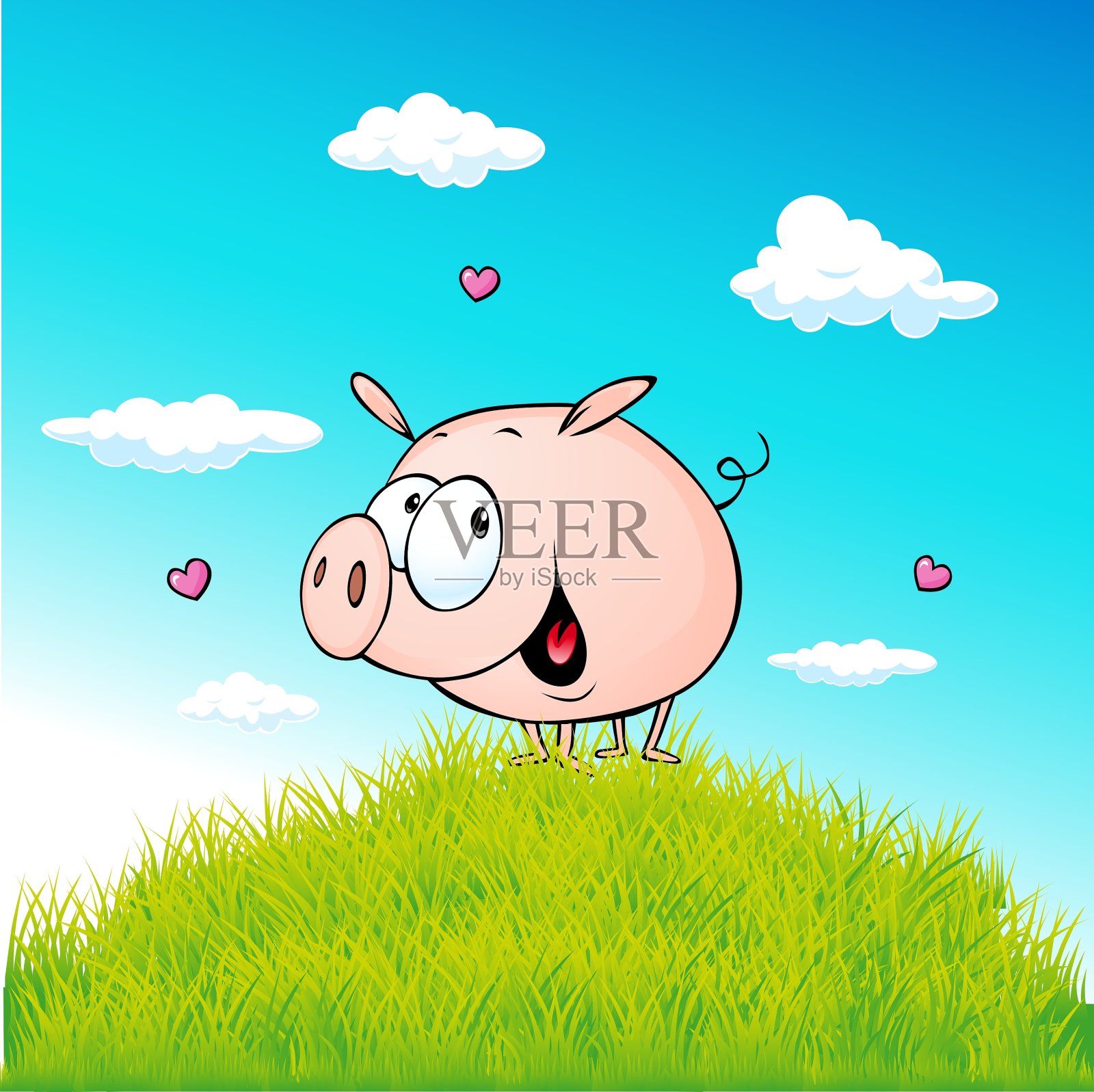 可爱的猪站在绿色的草地上-卡通插画图片素材