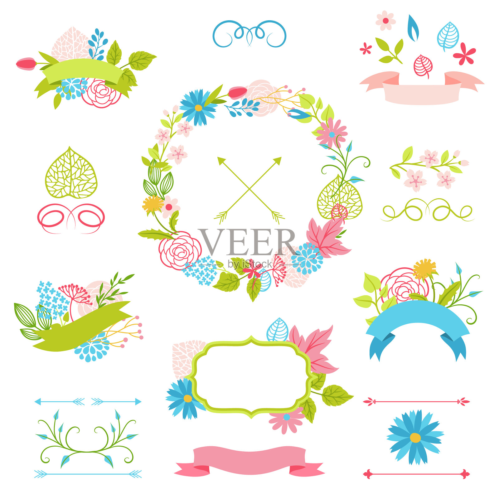 用春天的花朵装饰丝带插画图片素材