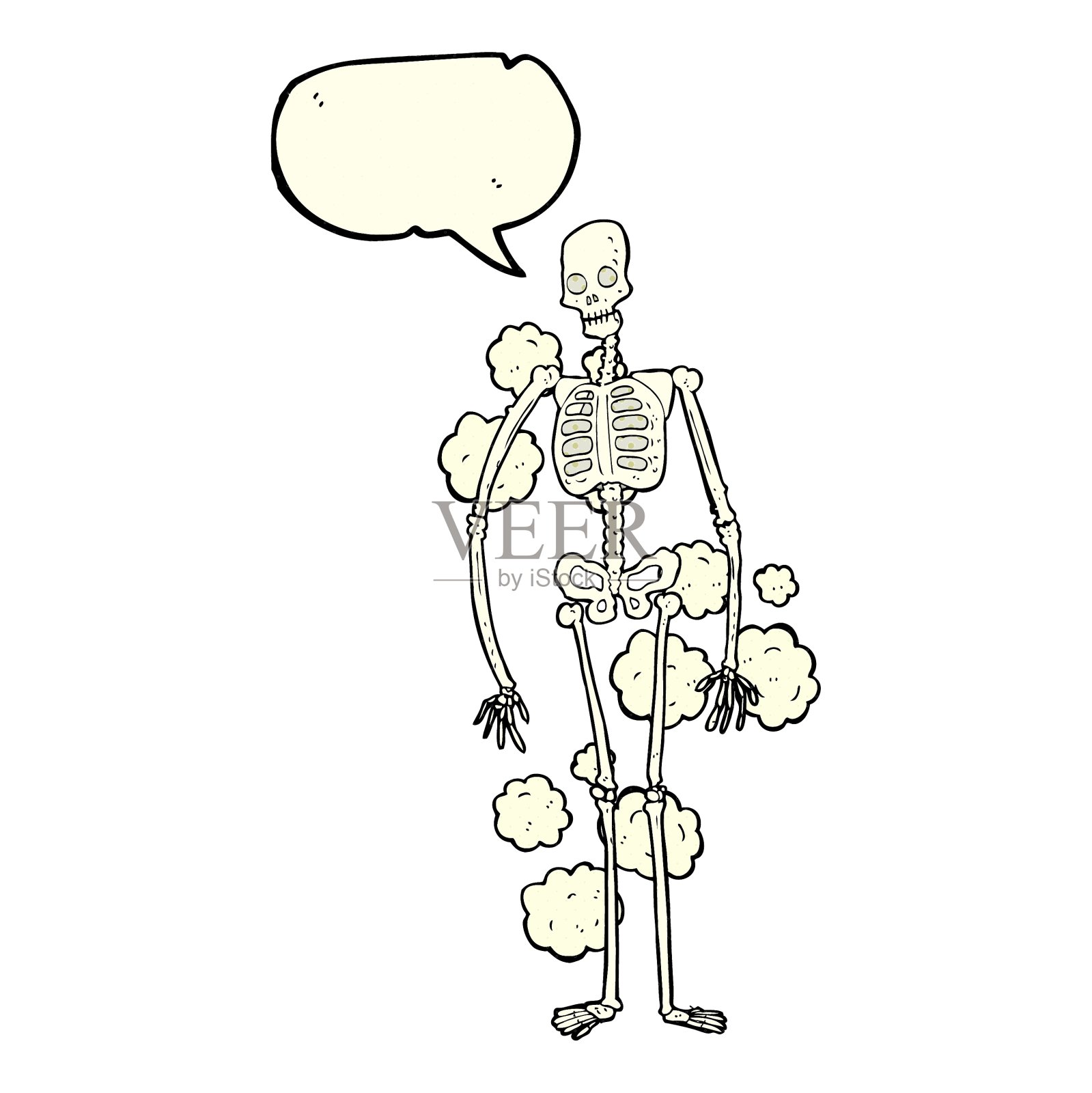 卡通布满灰尘的老骨架和讲话气泡设计元素图片