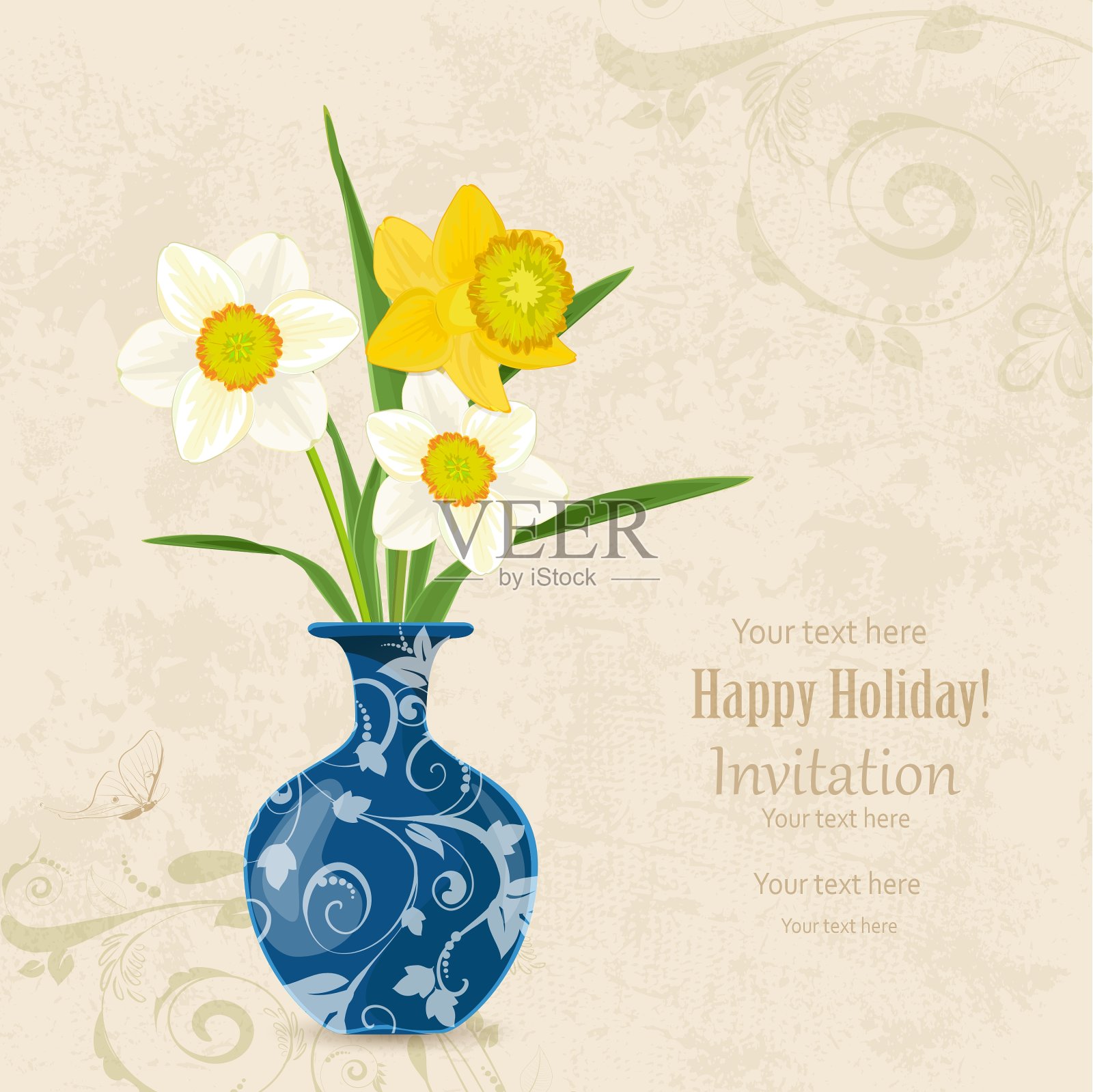 古董卡片花瓶与一束水仙花设计模板素材