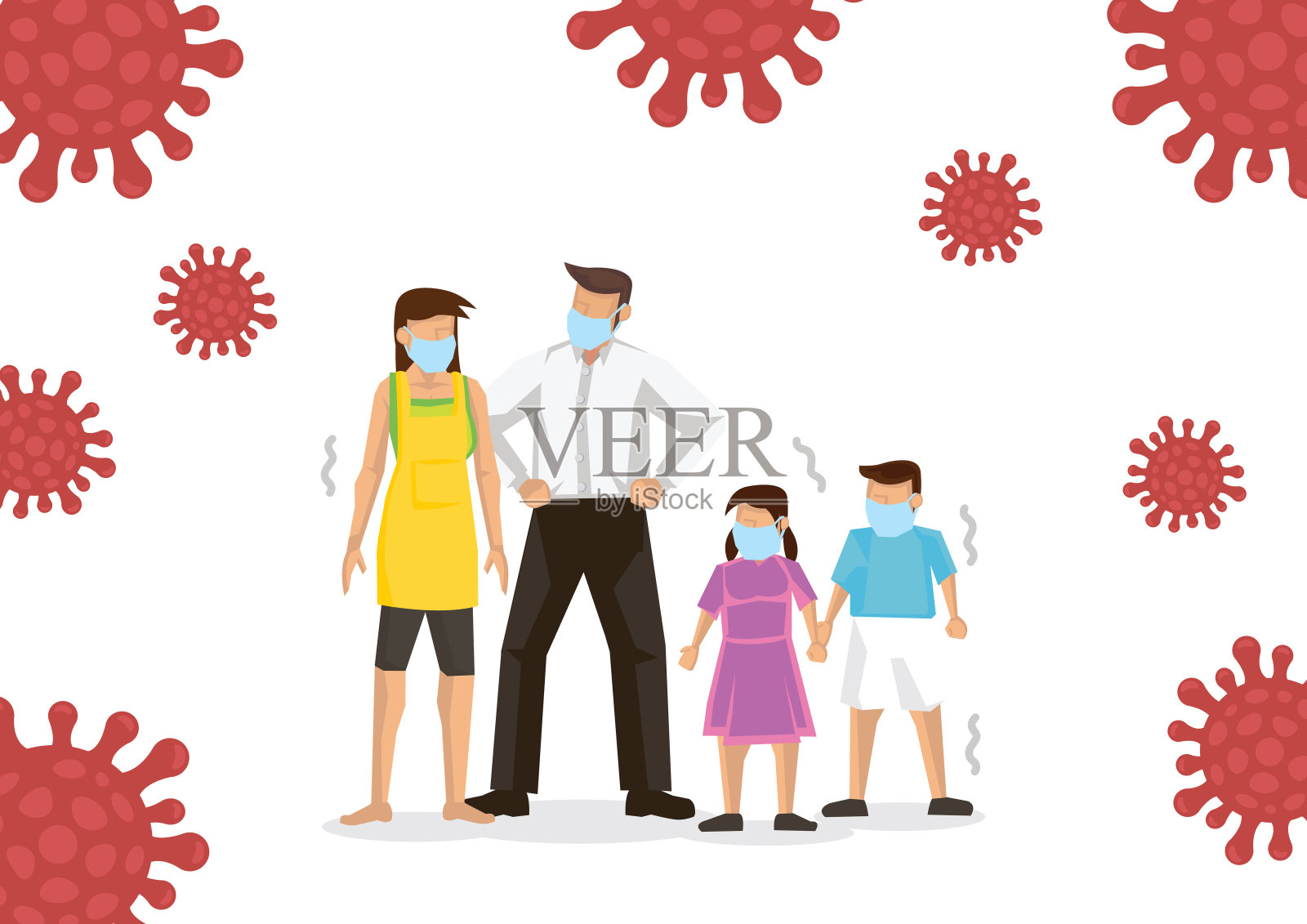 戴着口罩的一家人插画图片素材