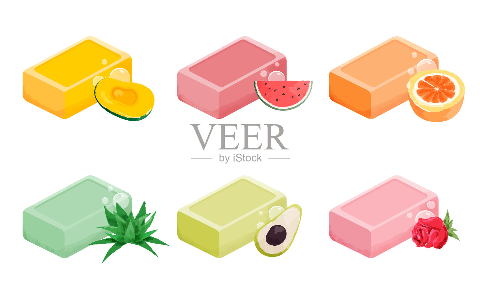 西瓜，鳄梨，玫瑰，芒果，橙子，芦荟，不同类型的固体肥皂套装。矢量插图在平面卡通风格插画图片素材