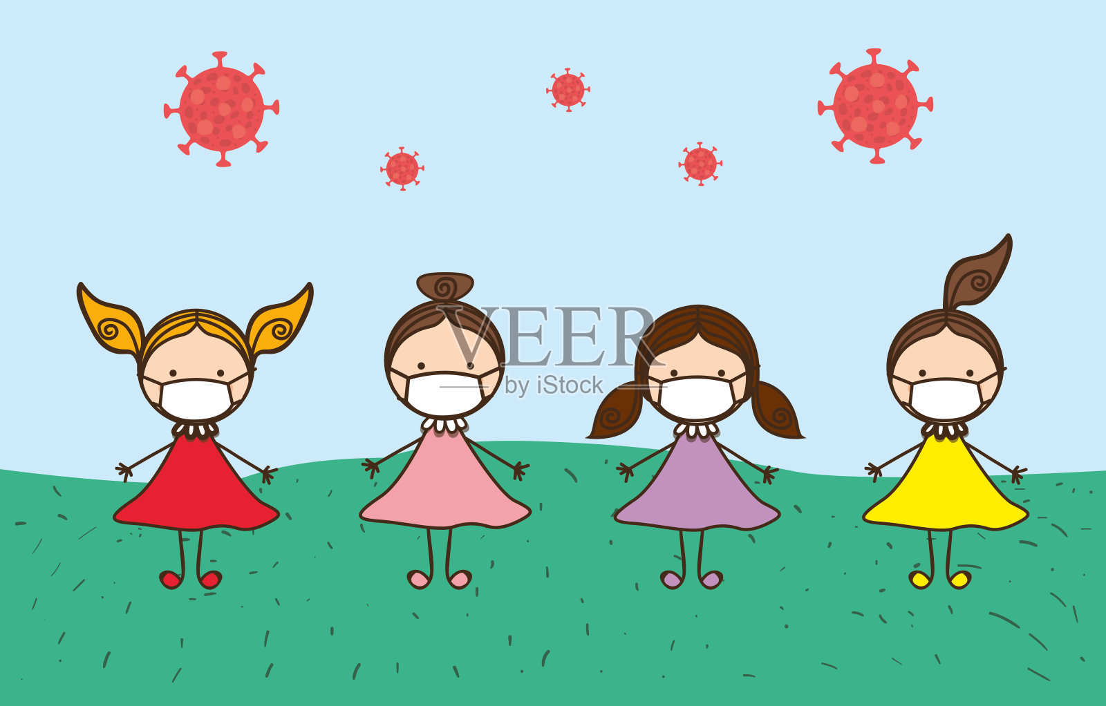 2019年新型冠状病毒感染的女童和儿童口罩载体设计插画图片素材