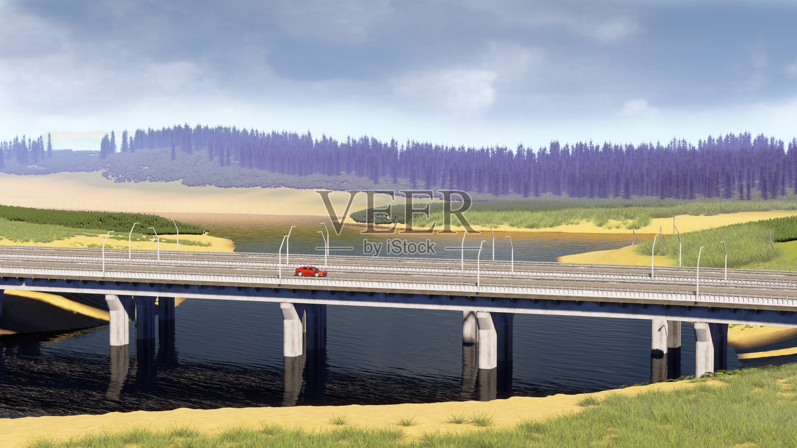 行驶在桥上的现代红色汽车照片摄影图片