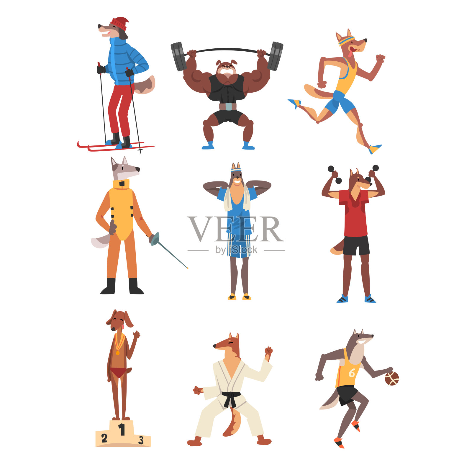 狗做各种运动套装，运动动物人物穿制服做运动矢量插图插画图片素材