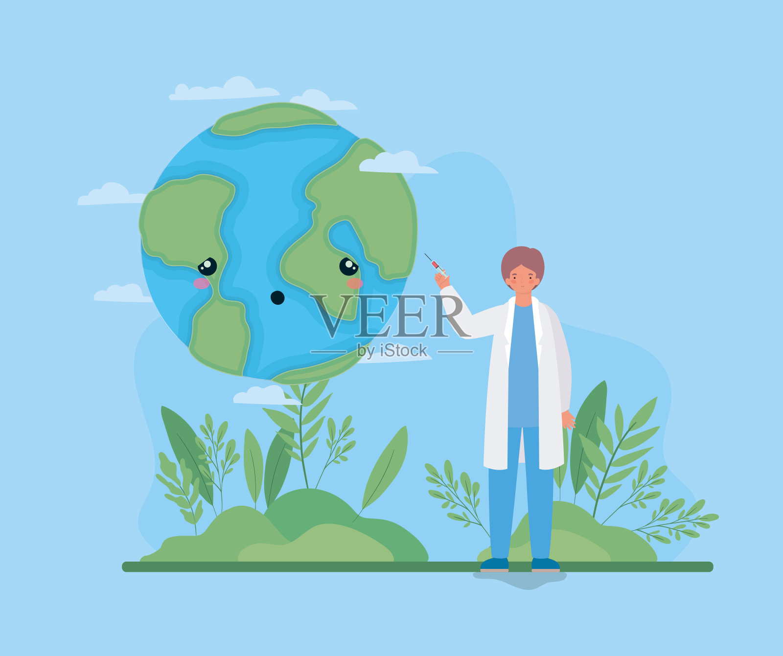 男医生用注射和世界抗2019新型冠状病毒载体设计插画图片素材