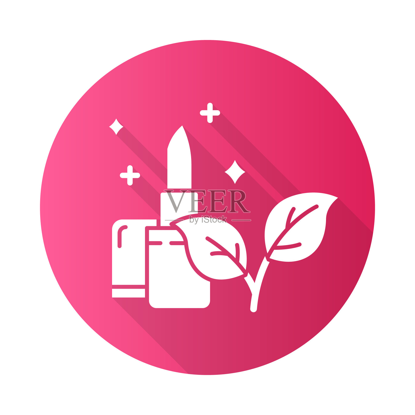 天然口红粉红色平面设计长阴影字形图标。面部美容援助项目。唇妆产品。自然的组成。化工、尼泊金免费。有机化妆品。向量轮廓图插画图片素材