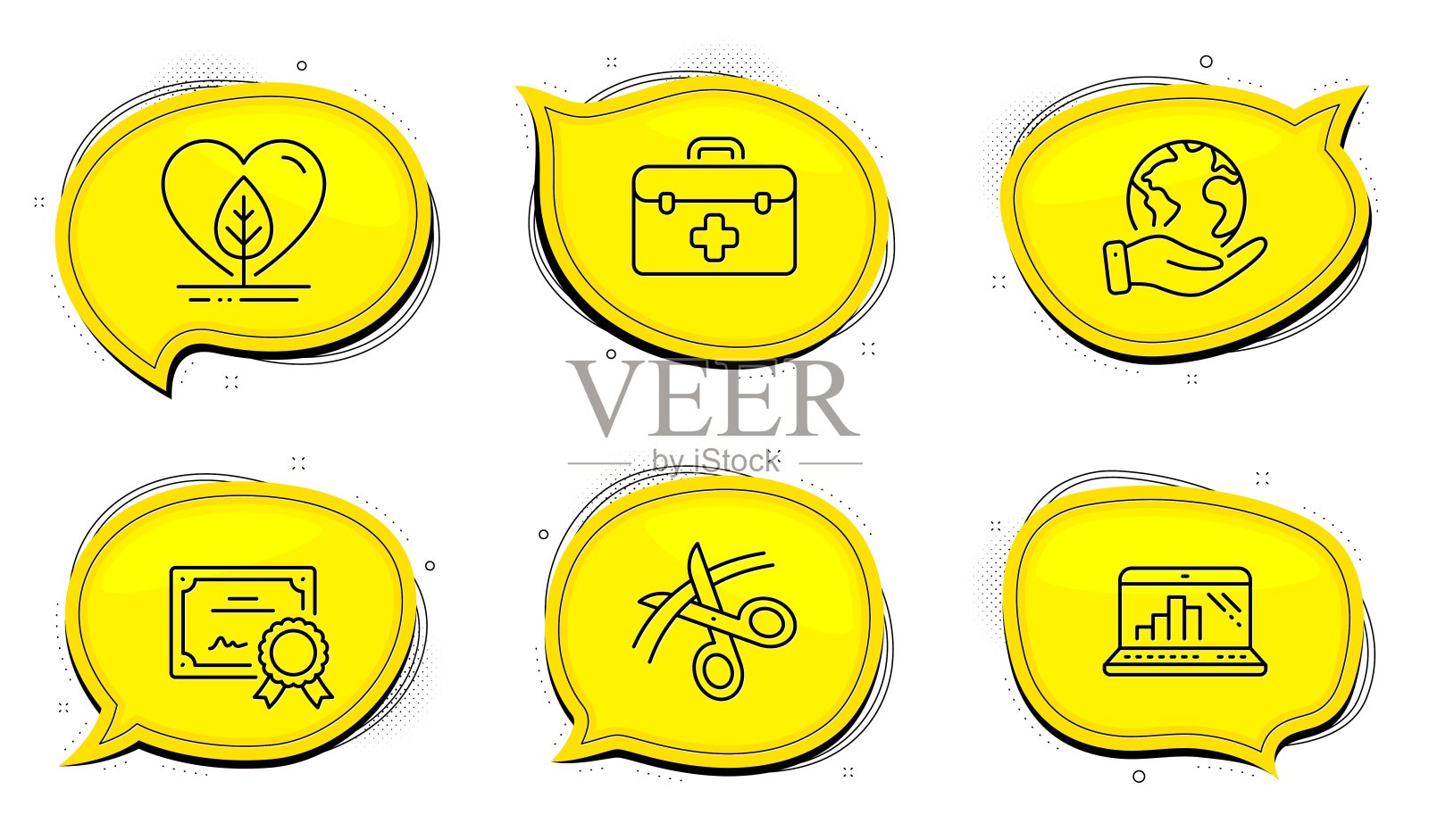 本地成长，图形笔记本电脑和急救图标集。剪刀的迹象。器官检测，移动报告，药箱。向量图标素材