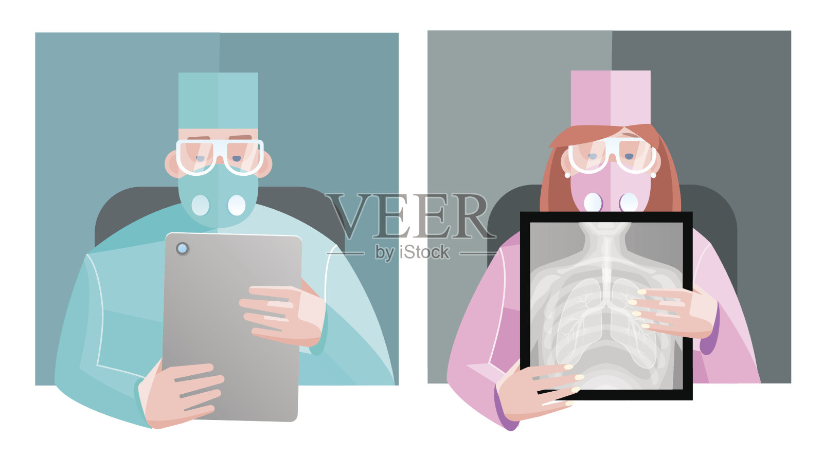 向量股票的形象。医生正在看肺部的x光片，会诊。插画图片素材