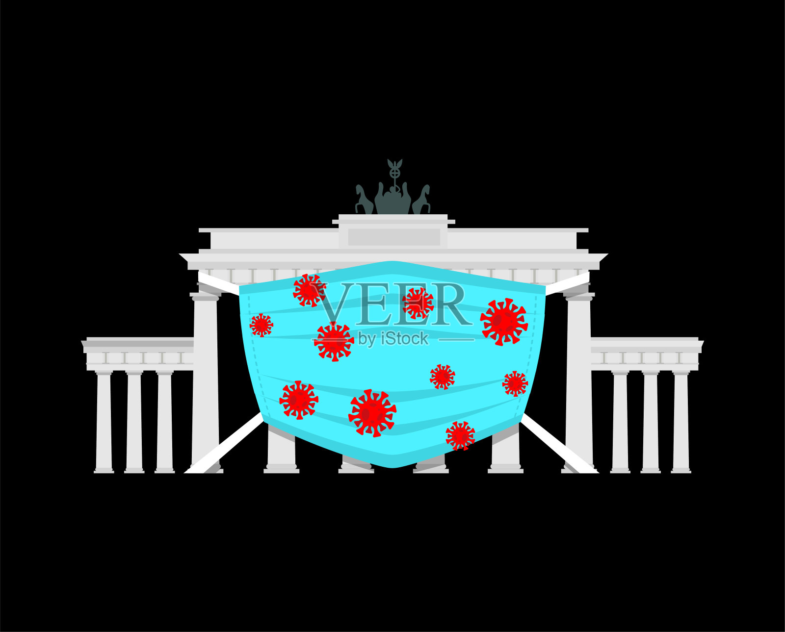 带着医用面具的布兰德堡门检疫在德国。全球冠状病毒疫情。Covid-19疫情大流行。世界上的灾难插画图片素材