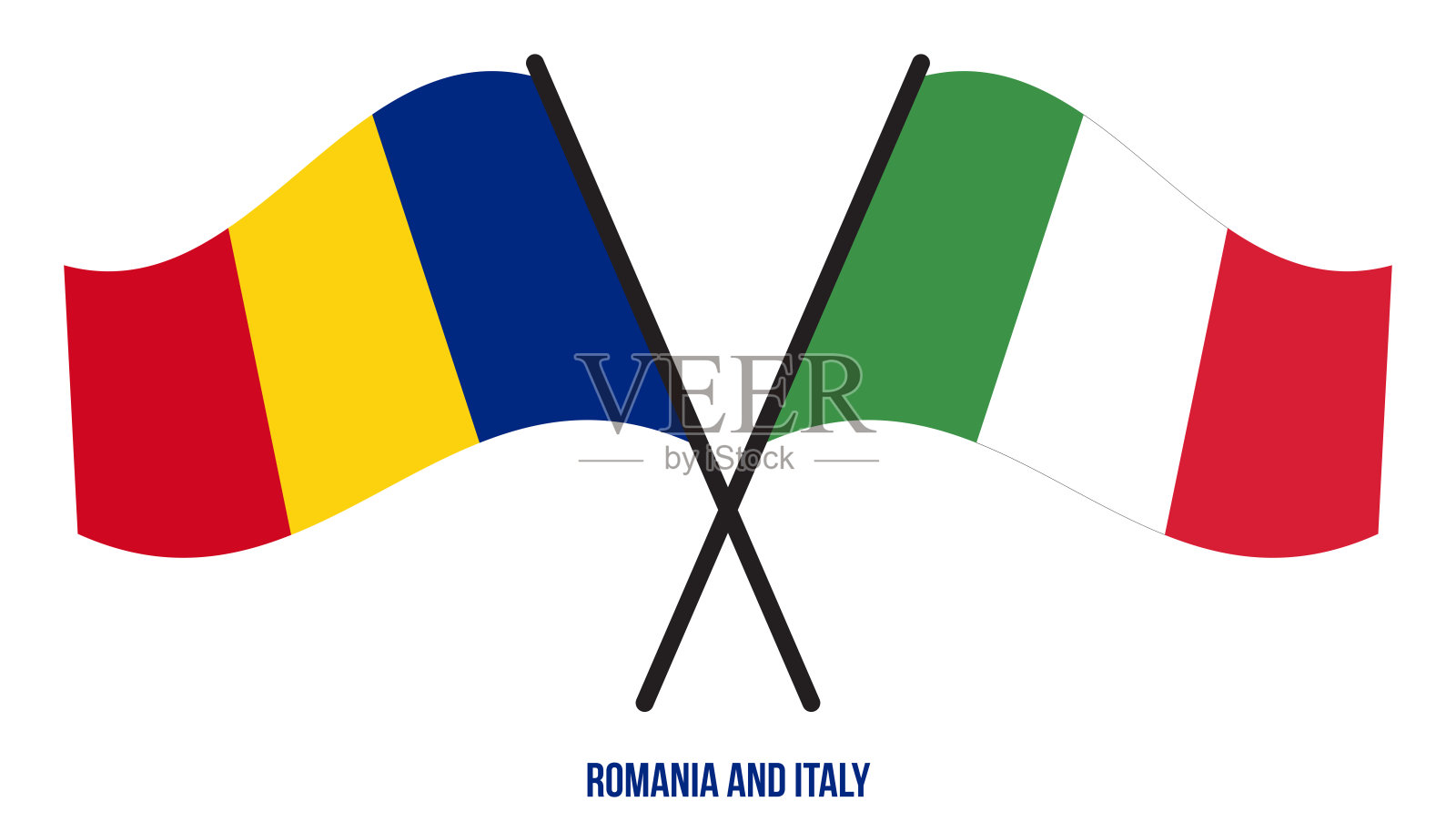 罗马尼亚和意大利旗帜交叉和挥舞扁平风格。官方的比例。正确的颜色设计元素图片