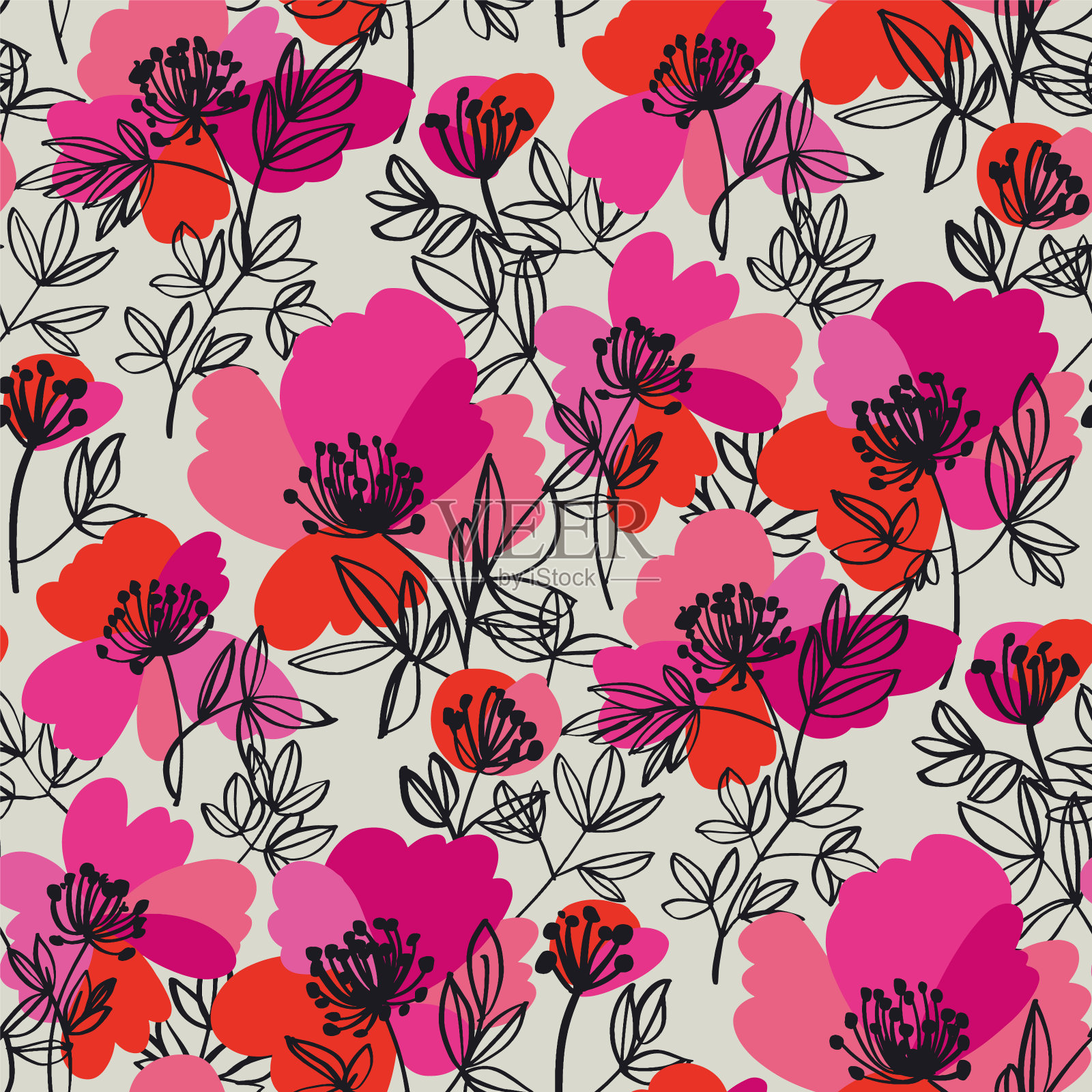 抽象鲜艳的现代牡丹花卉图案插画图片素材