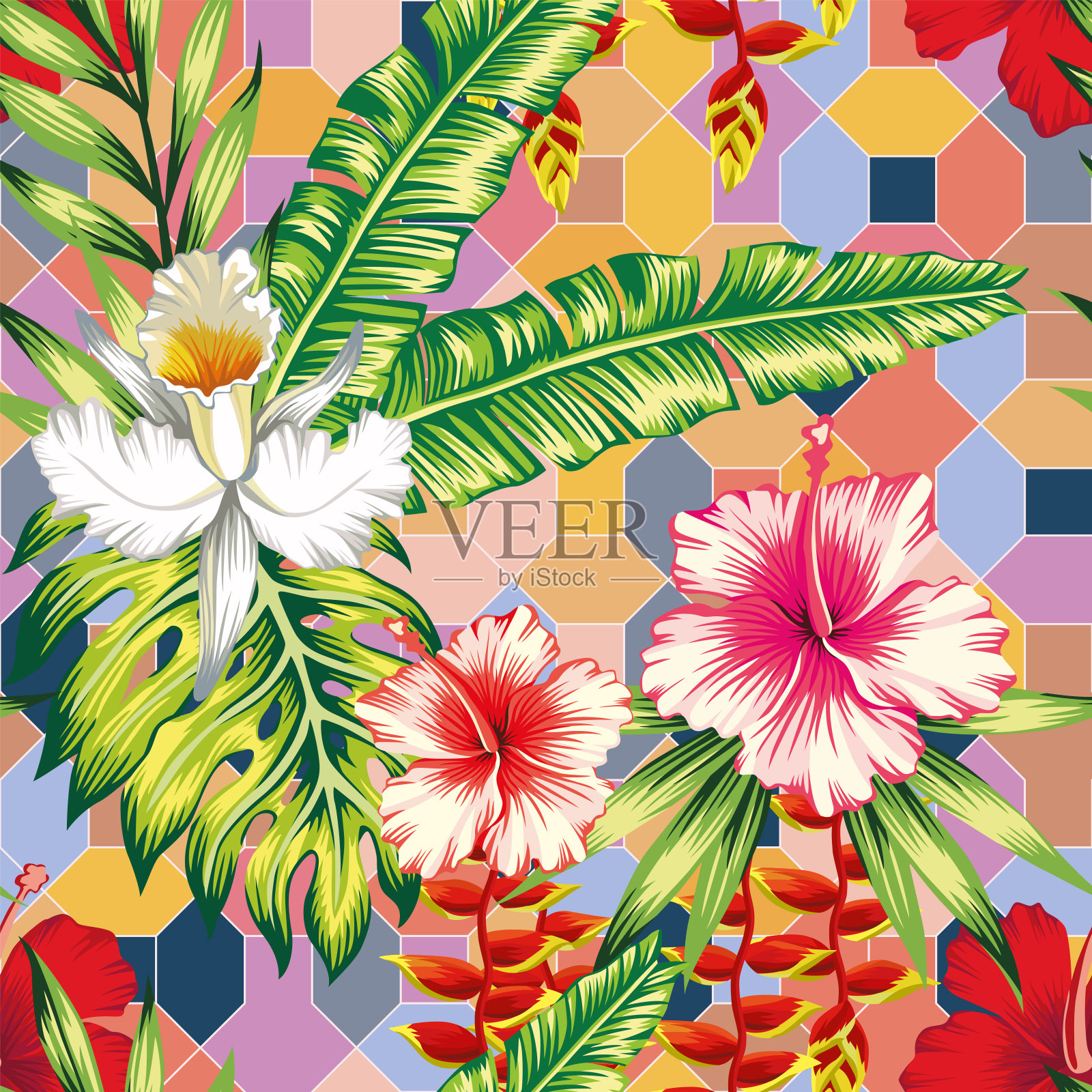 木槿棕叶兰花正能量色无缝几何背景插画图片素材