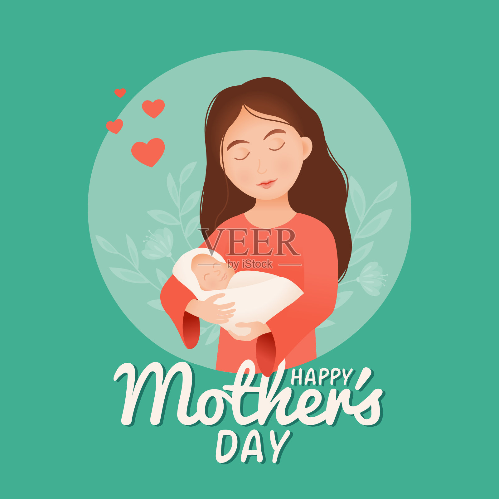 母亲节贺卡妈妈带宝宝插画图片素材
