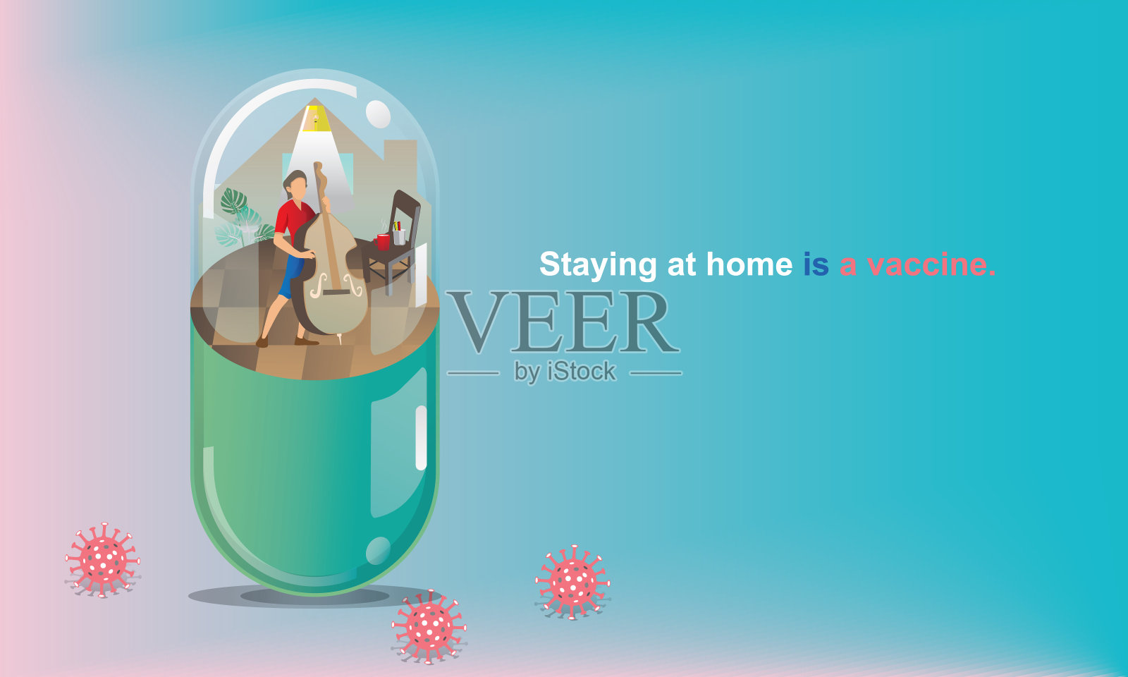 社交距离和呆在家里的概念。演奏乐器的音乐家工作，人们在家里隔离和享受插画图片素材