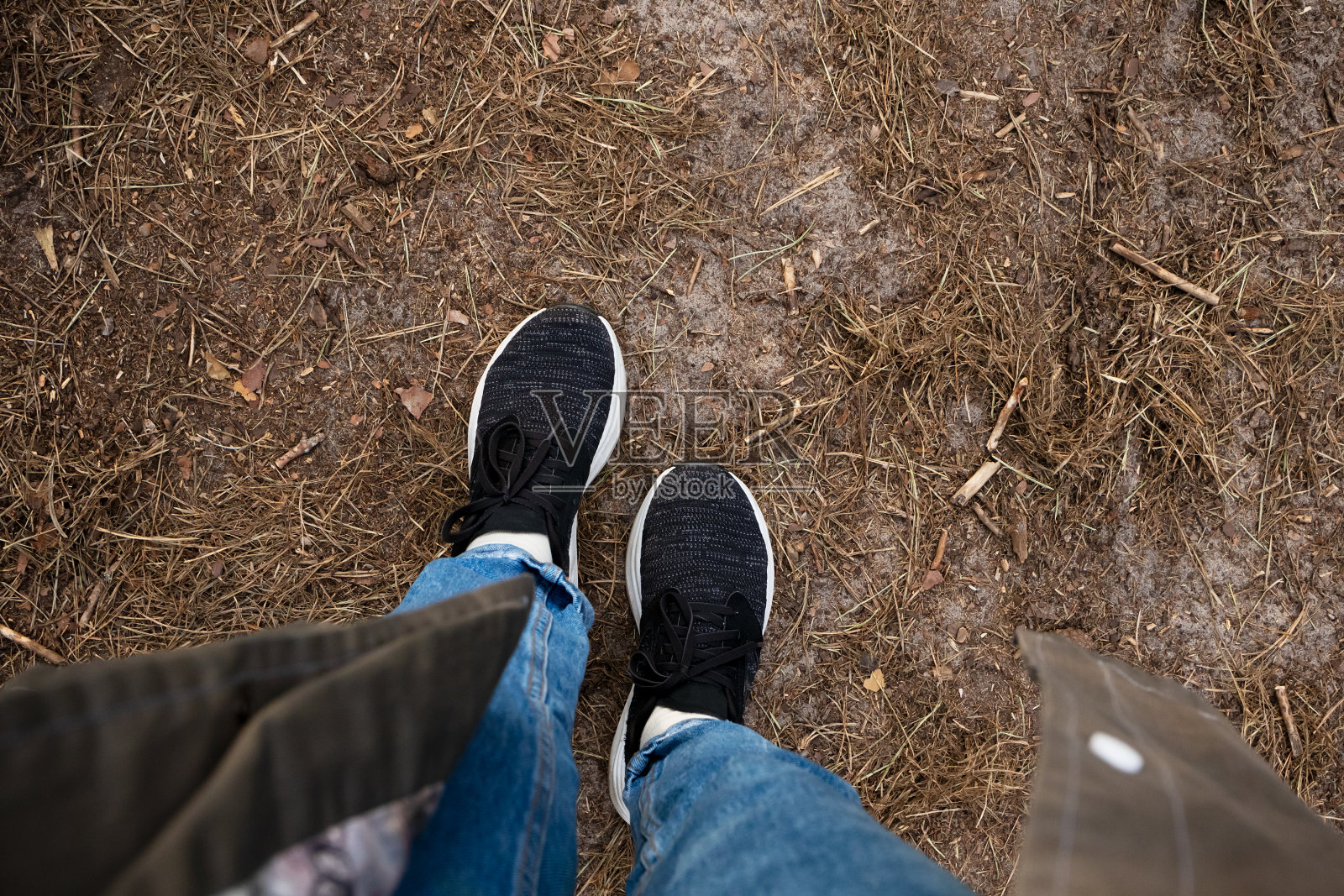 松树林地上的运动鞋自拍。腿在地上的概念。脚踏鞋在大自然中行走照片摄影图片