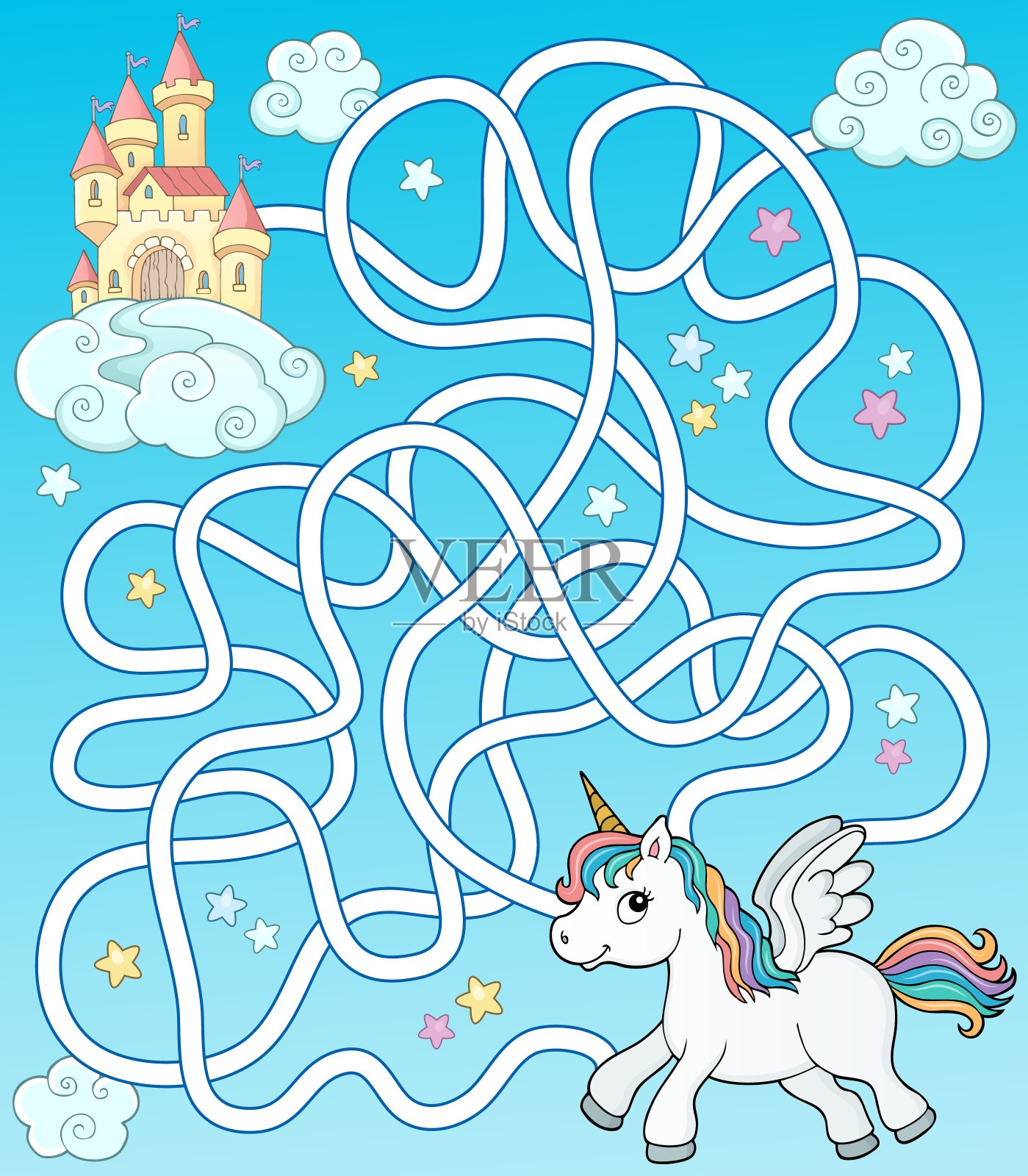 有会飞的独角兽和城堡的迷宫35插画图片素材