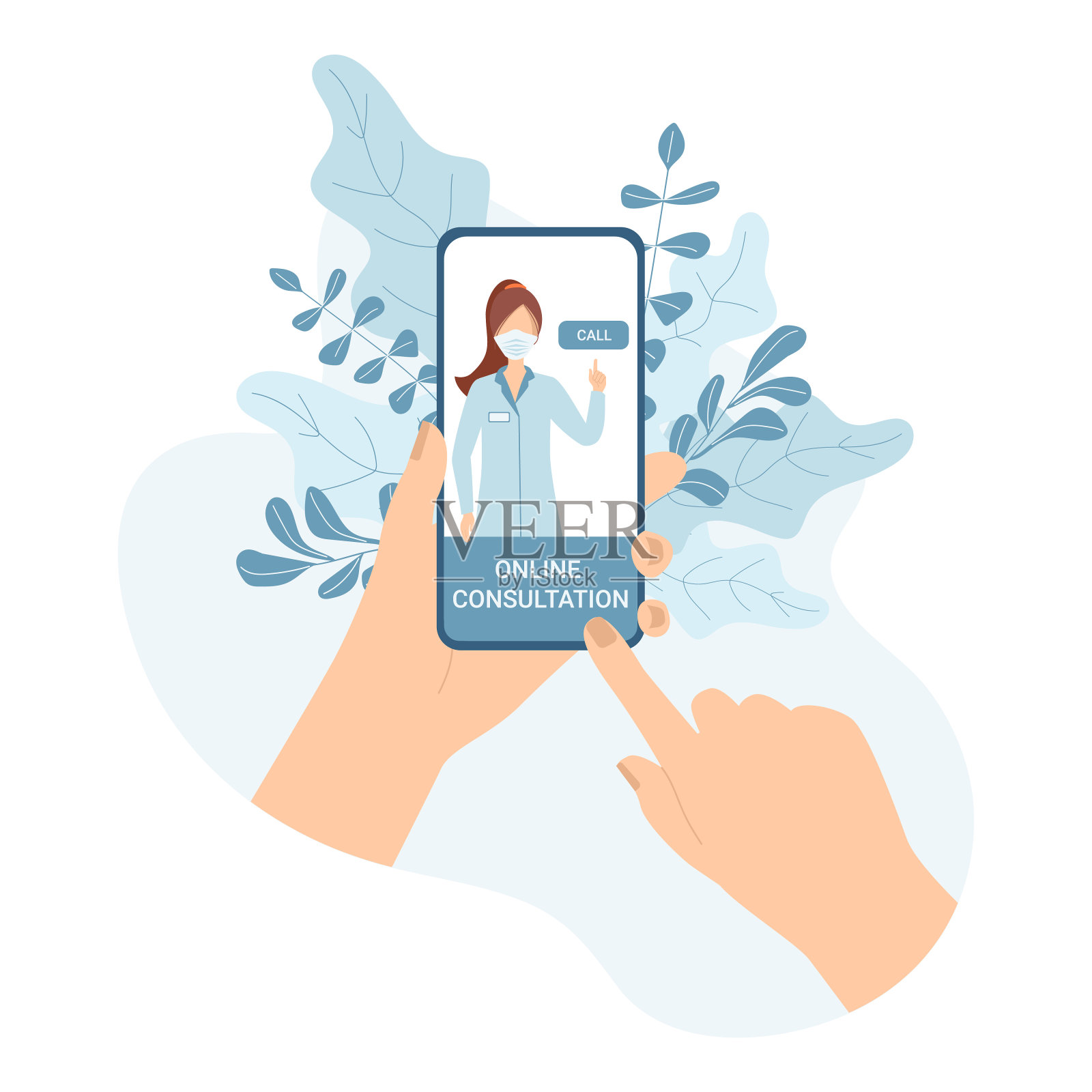 通过智能手机向医生在线咨询病人。使用现代技术的医疗支助。网络医生在自我隔离和隔离的时候。矢量插图在一个平坦的风格设计元素图片