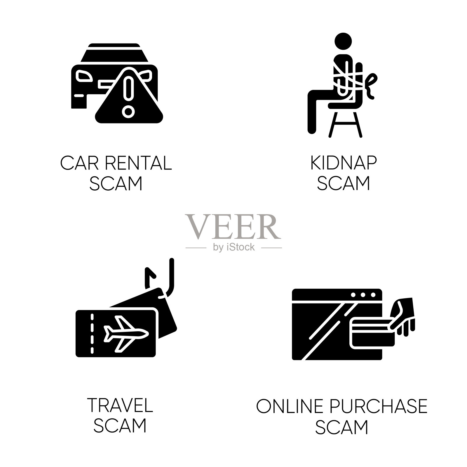 诈骗类型字形图标集。汽车租赁，网上购买诈骗方案。绑架、旅游技巧。网络犯罪。金融欺诈。非法获得的钱。轮廓符号。向量孤立的插图图标素材