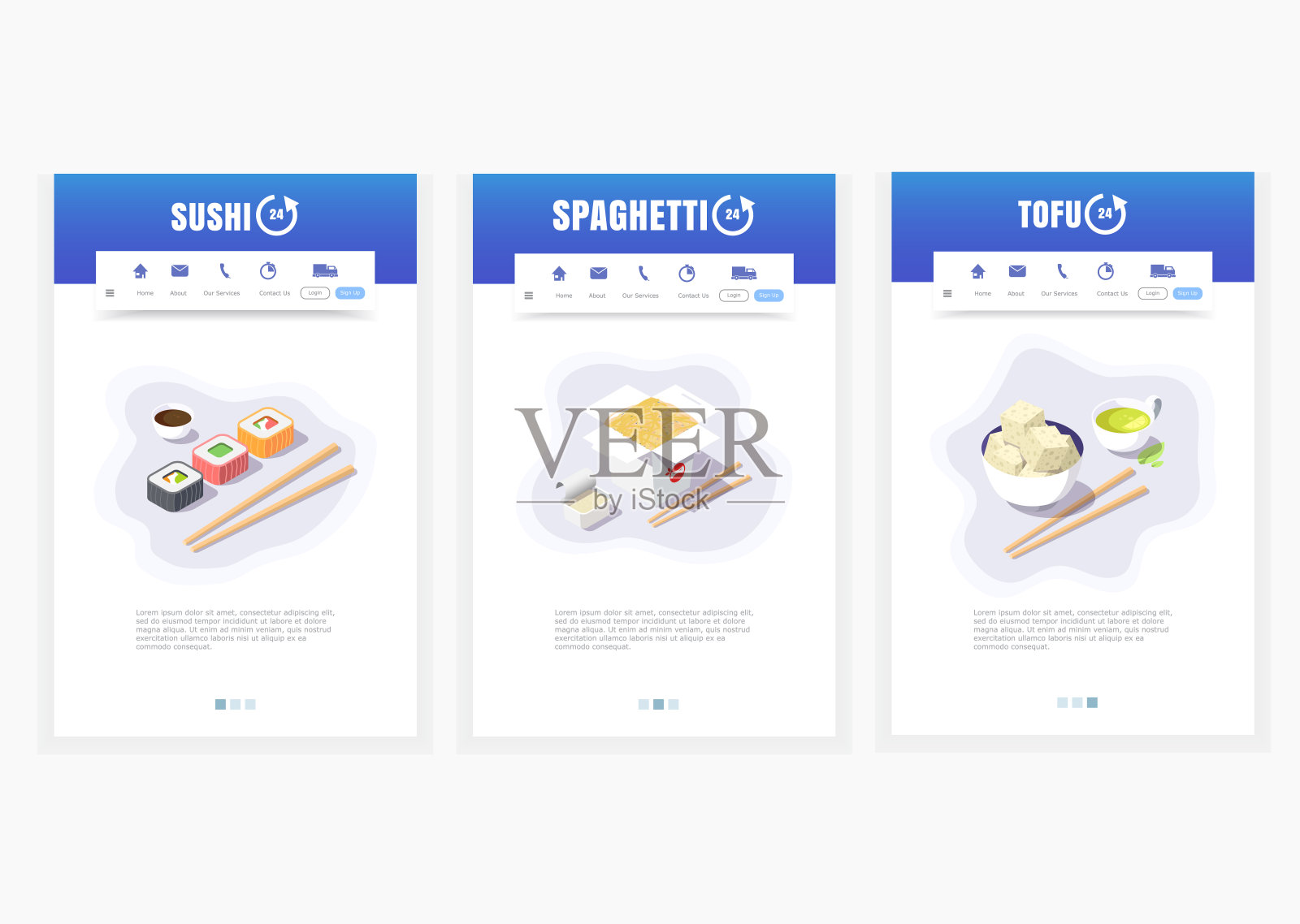 手机app，亚洲送餐服务，寿司，意大利面，豆腐，24小时，矢量等距送餐图形插画图片素材