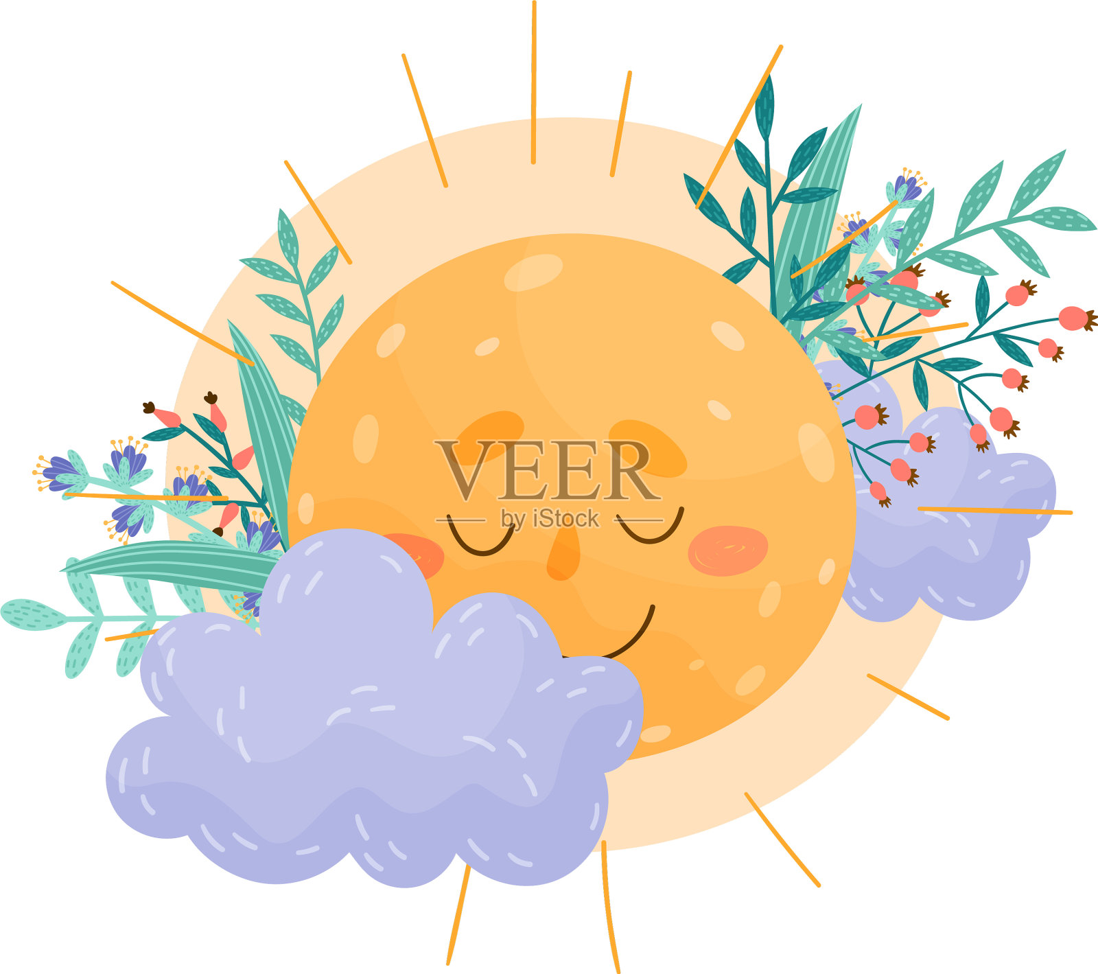 卡通热睡太阳与花组成插画图片素材