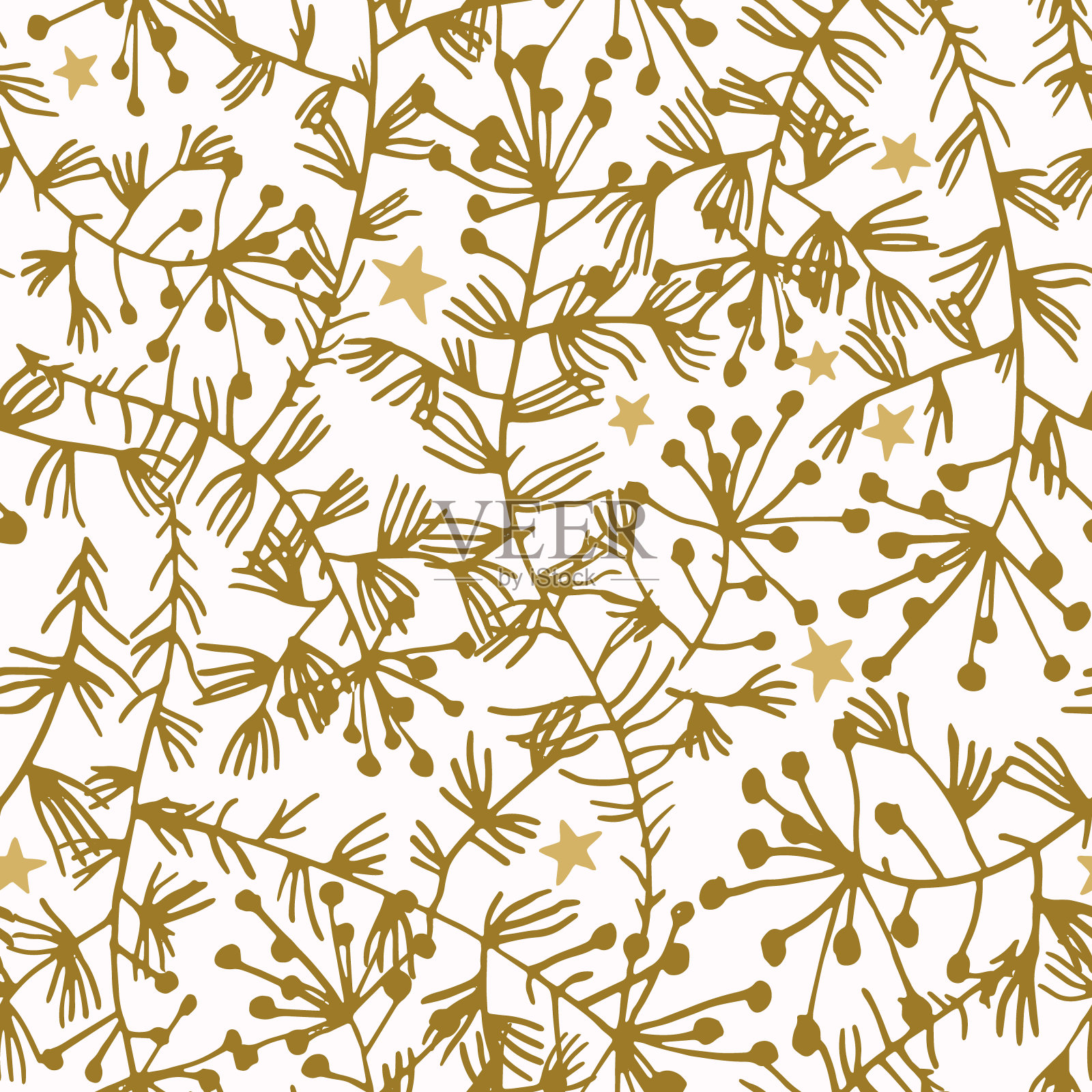 载体植物无缝模式与草本，茎和植物。平坦的线条画。插画图片素材