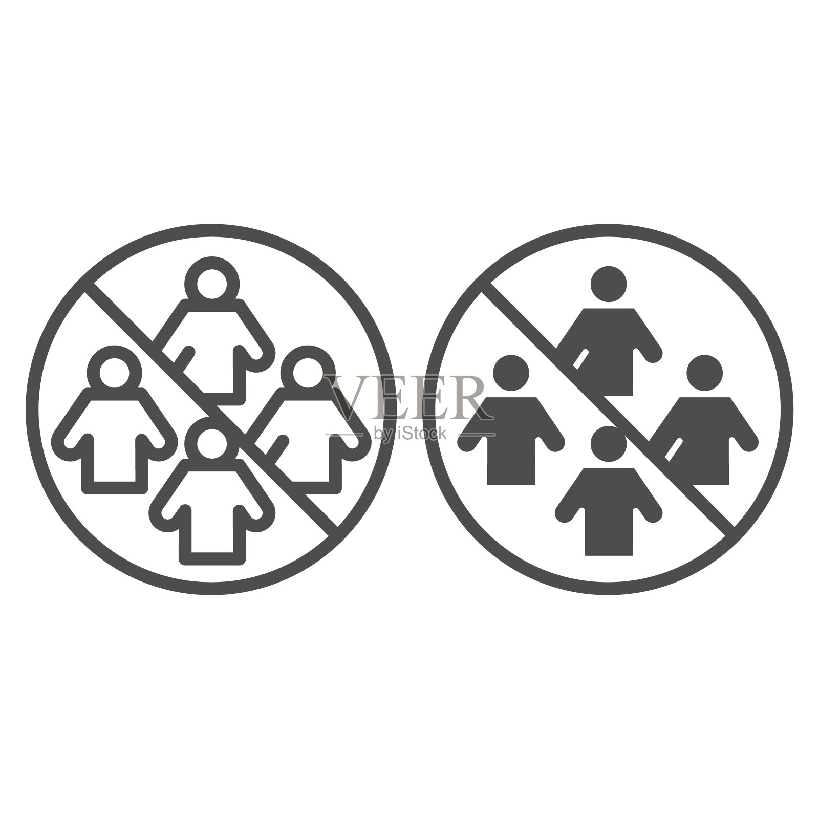 禁止聚集人线和固体图标。社交距离符号，轮廓风格象形图上的白色背景。避免人群标志的移动概念和网页设计。矢量图形。图标素材