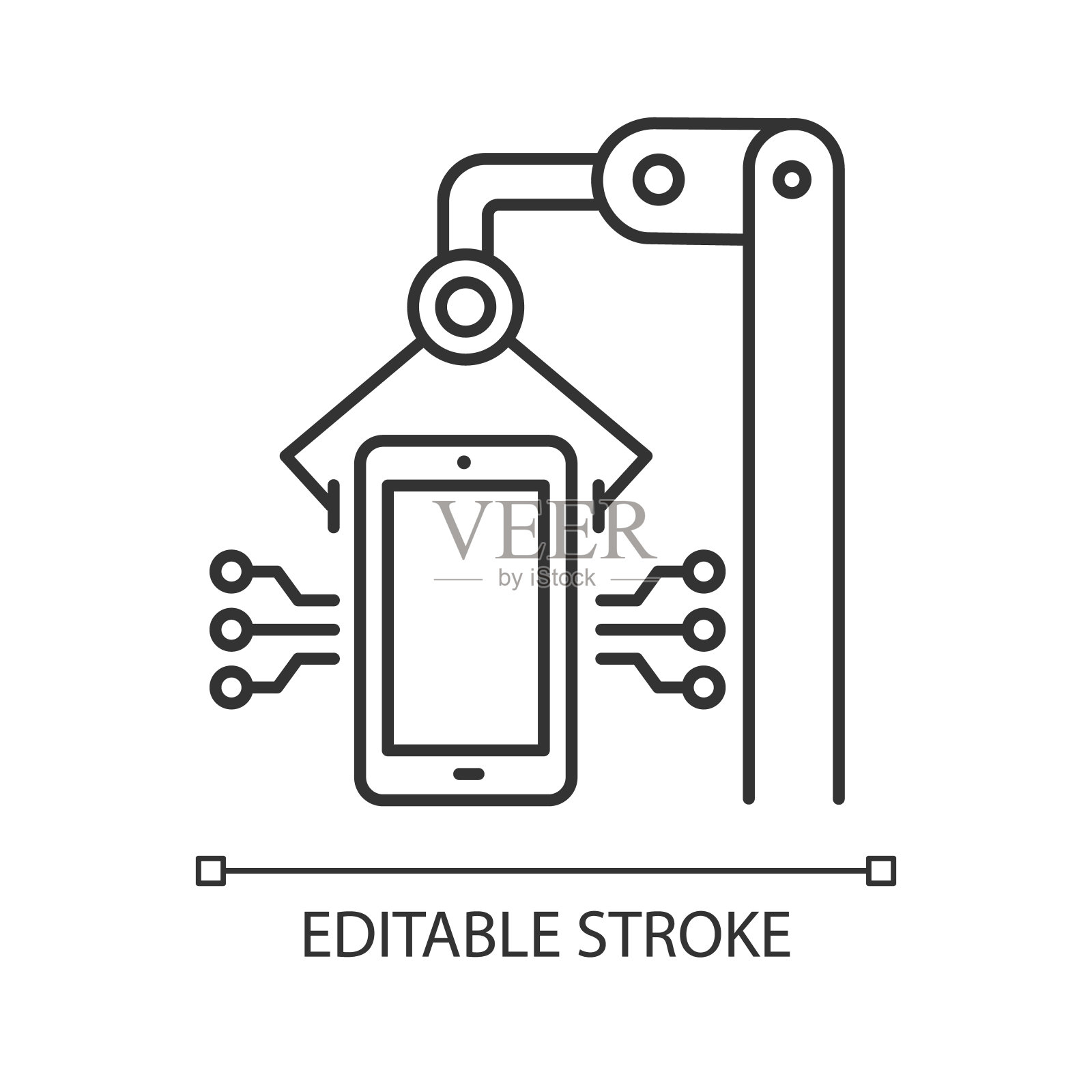 电子行业线形图标。智能手机和平板电脑生产。电子设备。硬件维修。细线说明。轮廓的象征。矢量孤立轮廓绘制。可编辑的中风插画图片素材