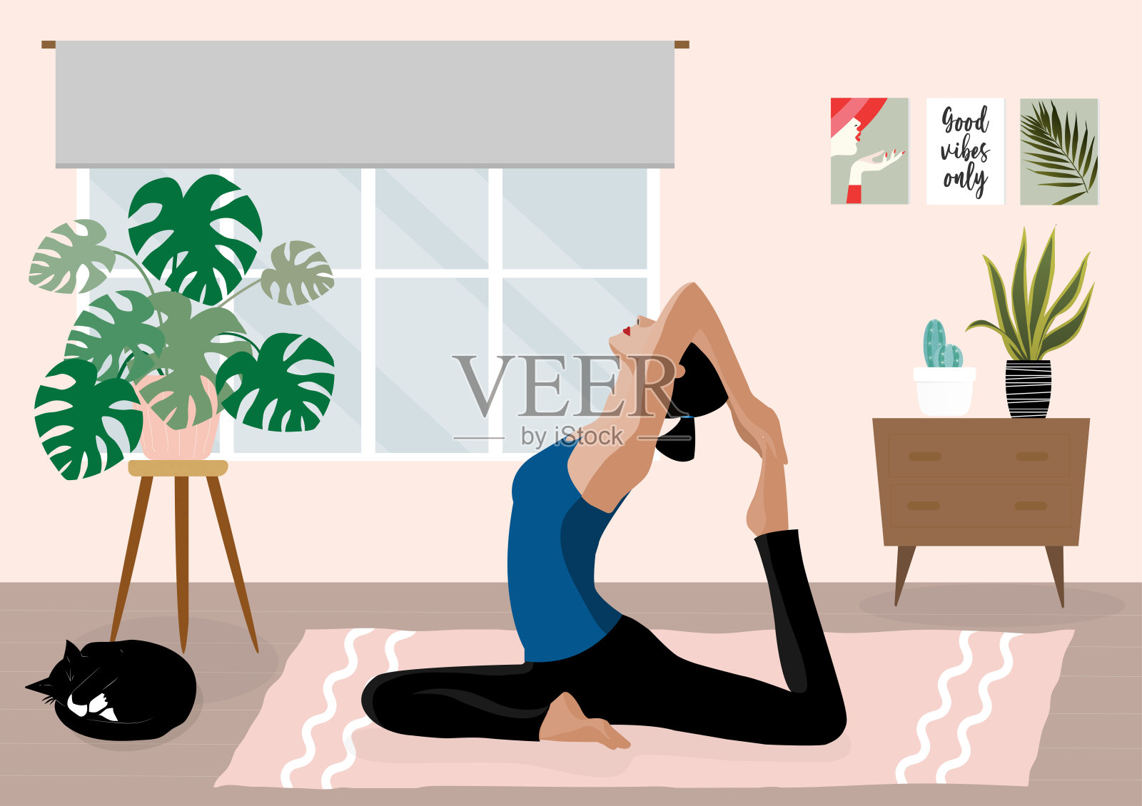 电晕病毒爆发期间社交距离的矢量设计概念——在家锻炼。女人在家练习瑜伽插图。插画图片素材