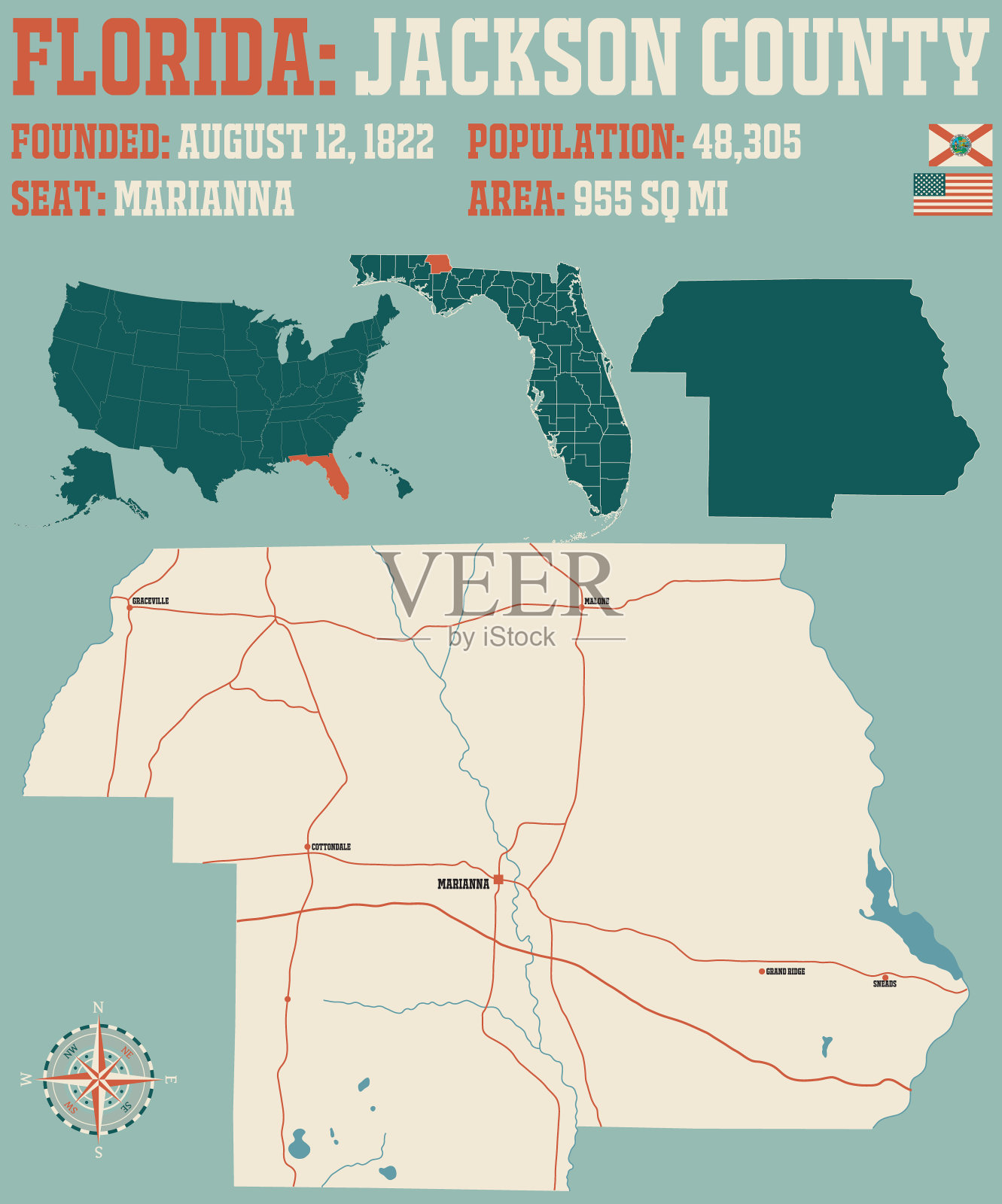 佛罗里达州杰克逊县的地图插画图片素材
