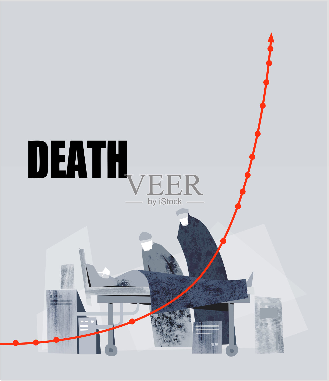 有人死在医院里医生站在病床边。冠状病毒感染的高死亡率。插画图片素材