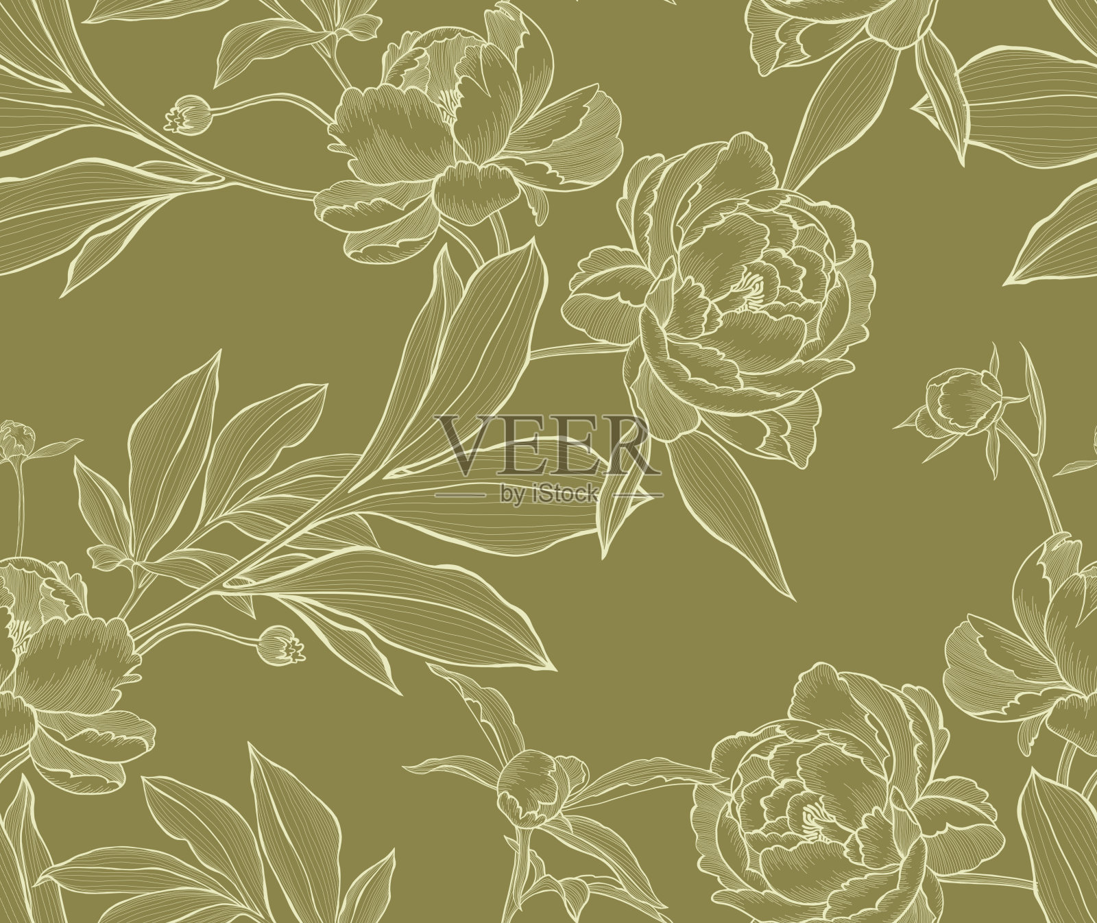 花的无缝图案制成的优雅的花。勾勒出详细的素描线条图。插画图片素材