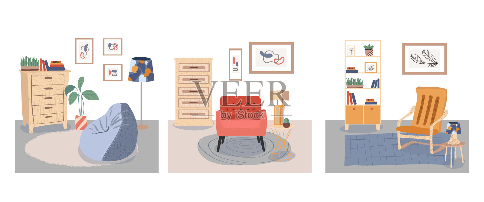 插图集与极简主义斯堪的纳维亚室内家具植物，图片。平面向量插图。在白色背景上分离物体。插画图片素材