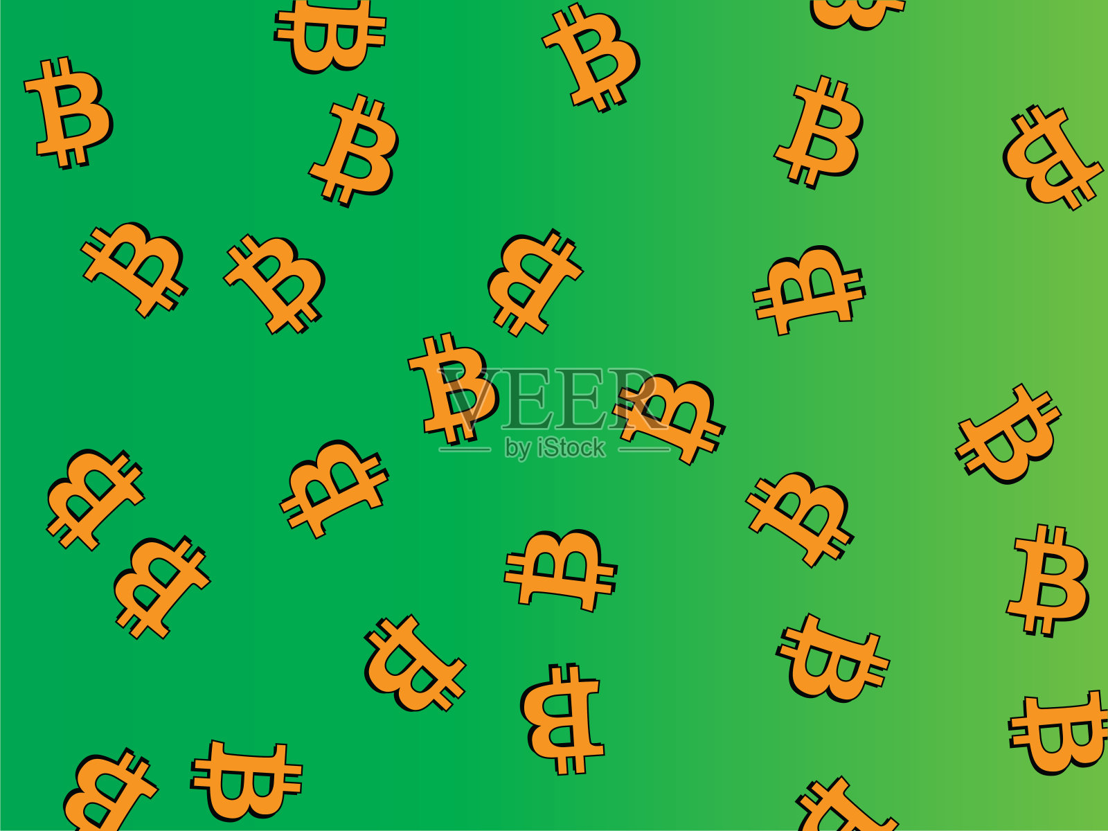 绿色渐变背景，橙色比特币符号四处飞舞。加密货币壁纸，周围有比特币标识。插画图片素材