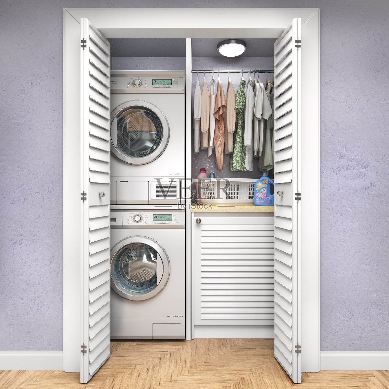 洗衣房，木地板，洗衣机在壁橱，蓝色的墙，架子和衣服。三维演示照片摄影图片