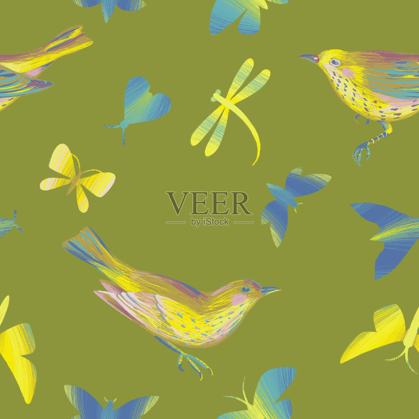 无缝模式与鸟类。铅笔绘图。夏天自然背景。插画图片素材