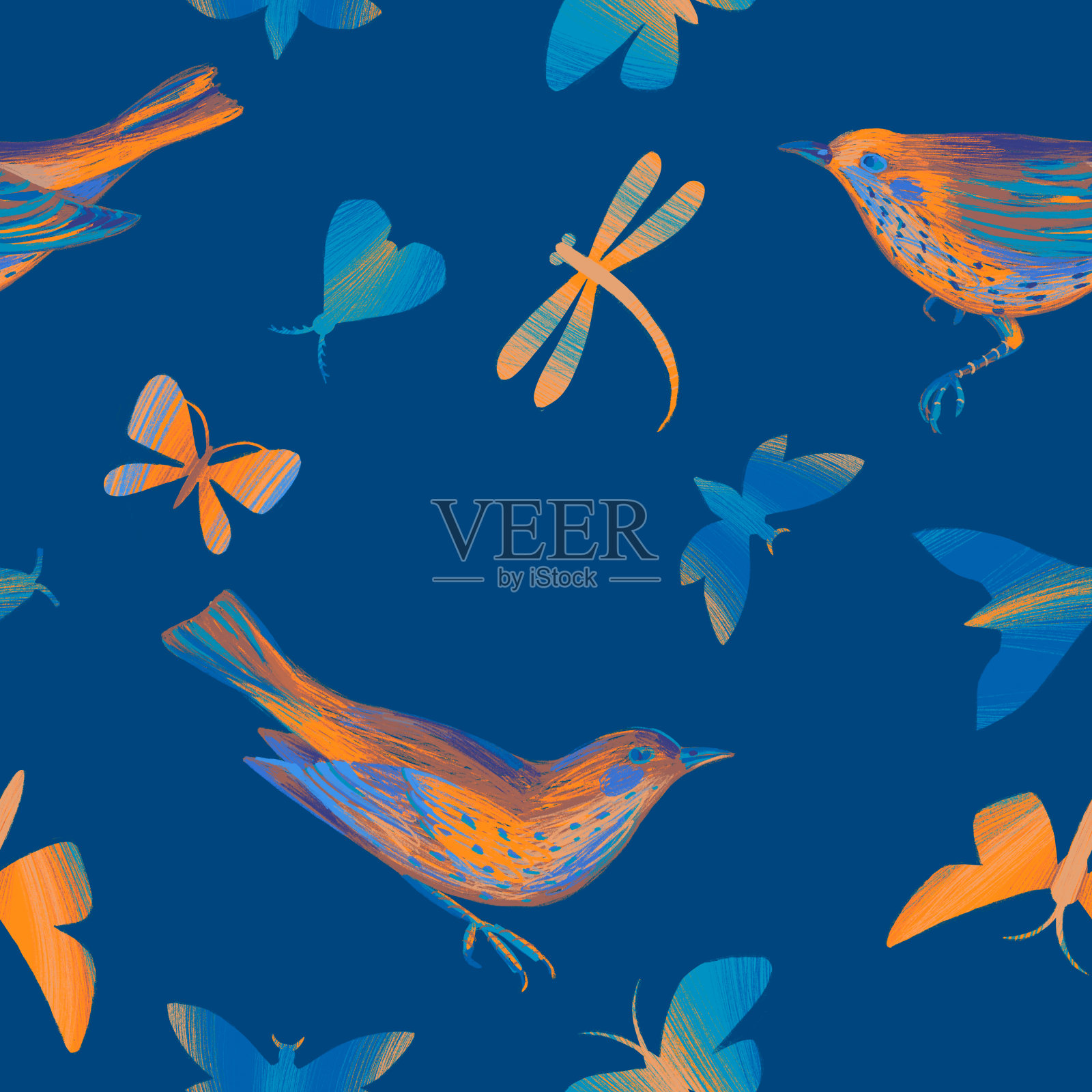 无缝模式与鸟类。铅笔绘图。夏天自然背景。插画图片素材