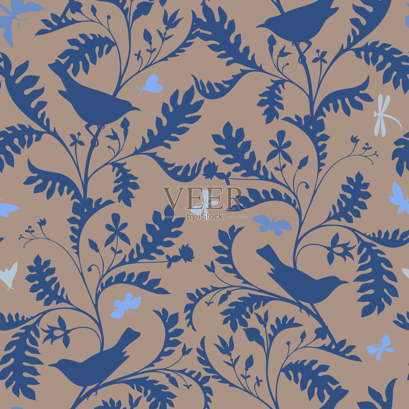 树枝上有鸟的无缝图案。手绘彩色铅笔逼真的动植物背景插画图片素材