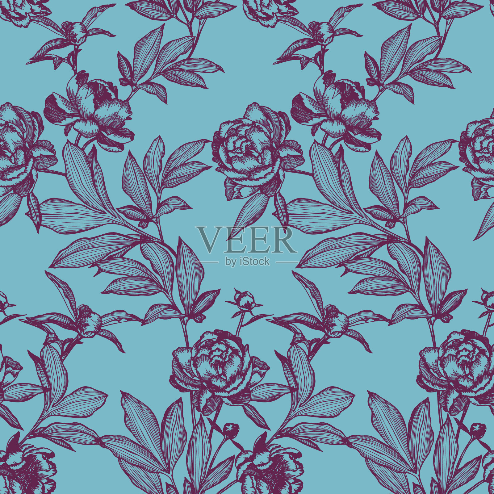 花的无缝图案制成的优雅的花。勾勒出详细的素描线条图。插画图片素材