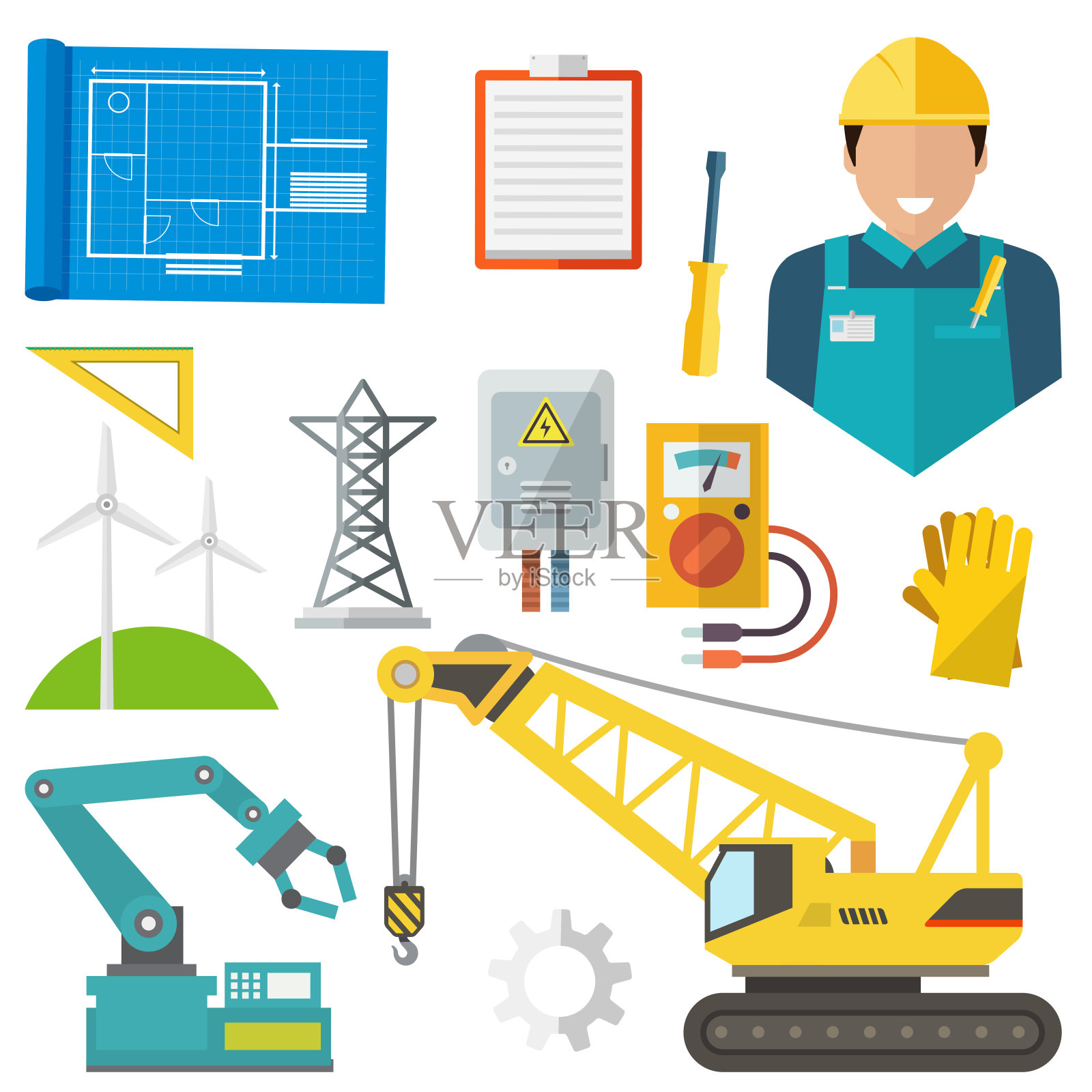 工程建设孤立图标集。工程师工人，手套，三角尺，风车，推土机，拖拉机和装载机，电压测量装置和井架，笔记本和齿轮，规划矢量插画图片素材
