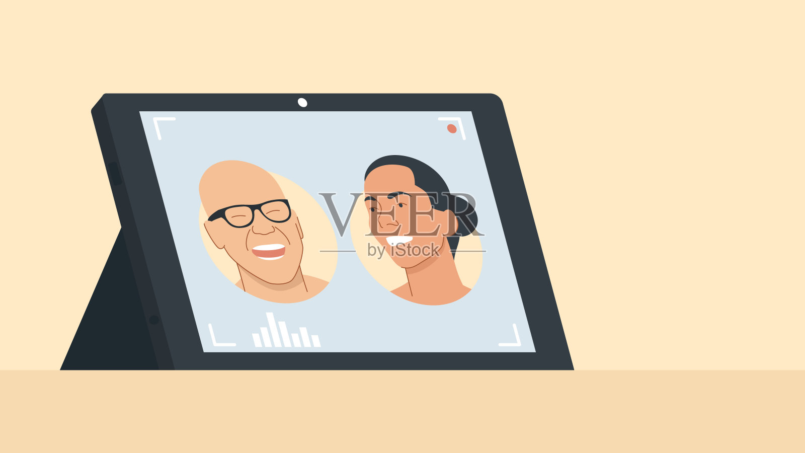 矢量插图的平板电脑运行视频会议程序与肖像的两个人在屏幕上。它代表了在家工作、在线会议、视频会议的概念插画图片素材