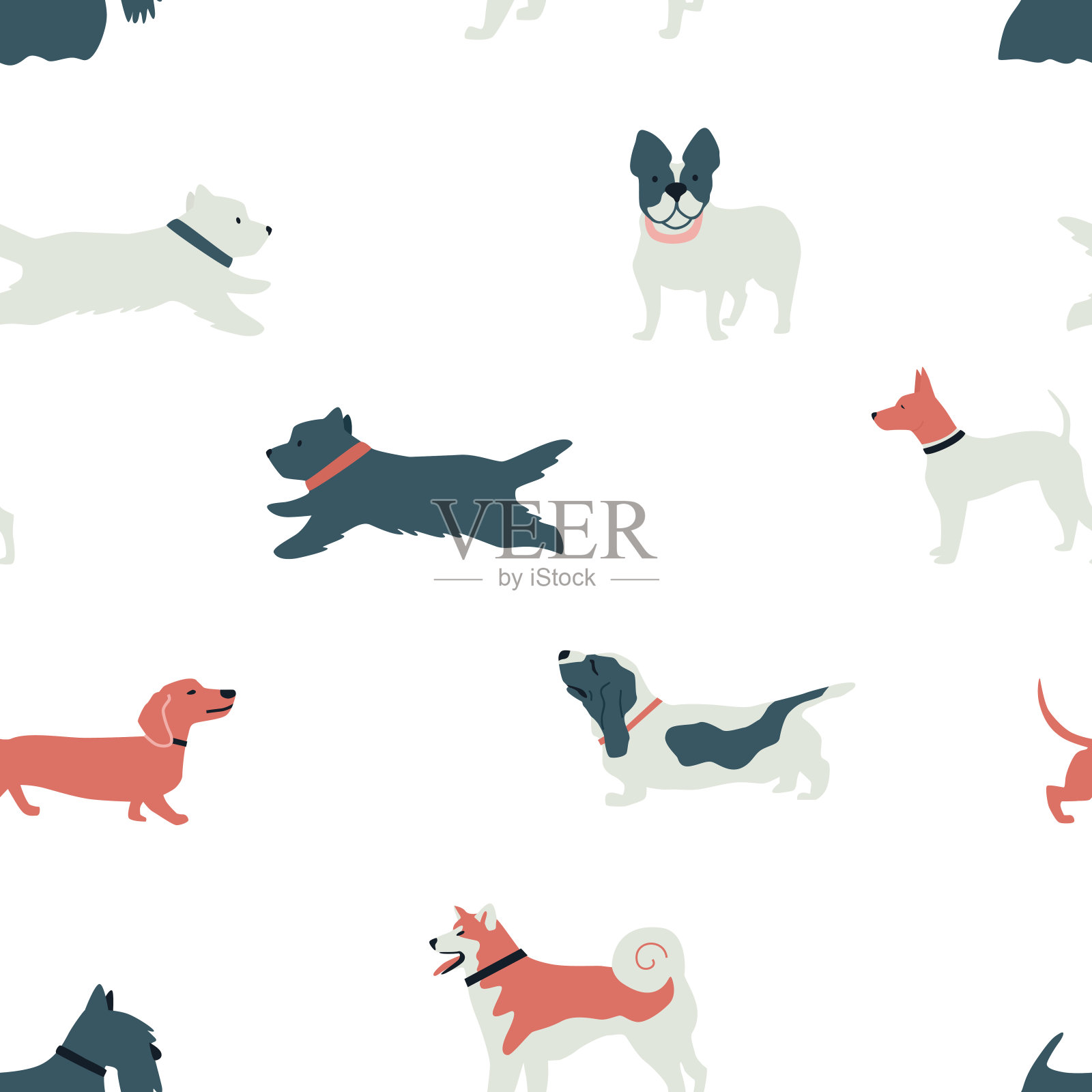有趣的狗无缝模式平面矢量插图上的白色背景插画图片素材